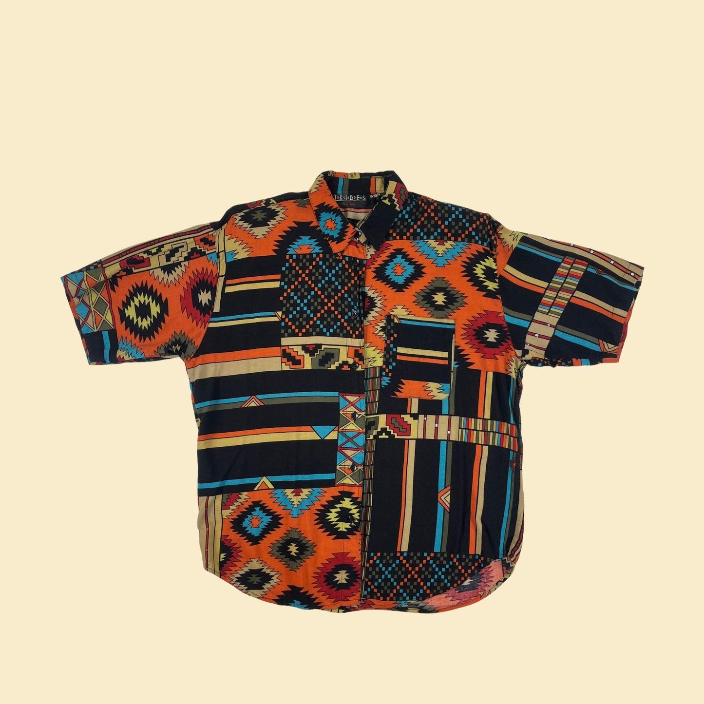 90s geometric L shirt, vintage southwest patterned black & teal blouse by Tribes for Her