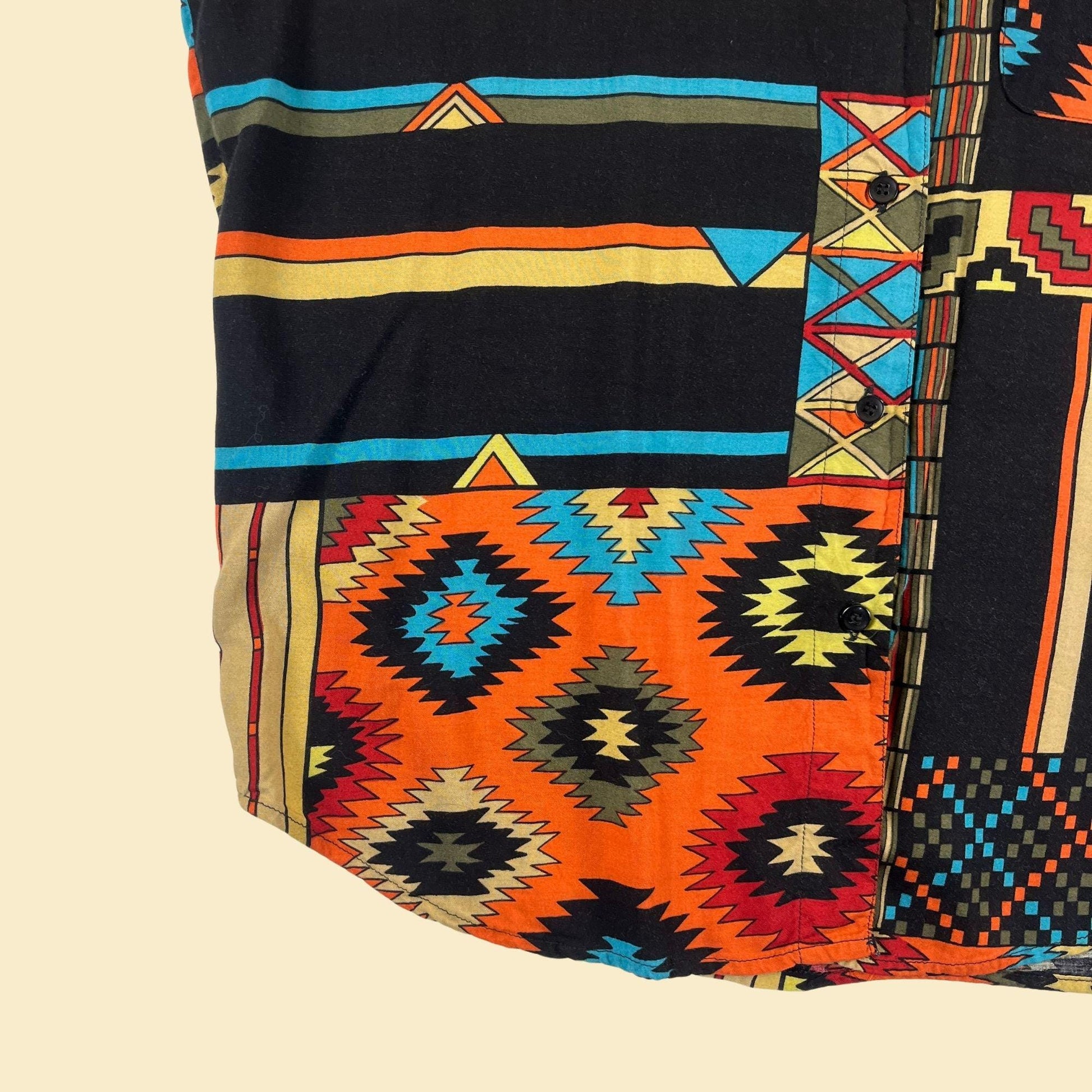 90s geometric L shirt, vintage southwest patterned black & teal blouse by Tribes for Her