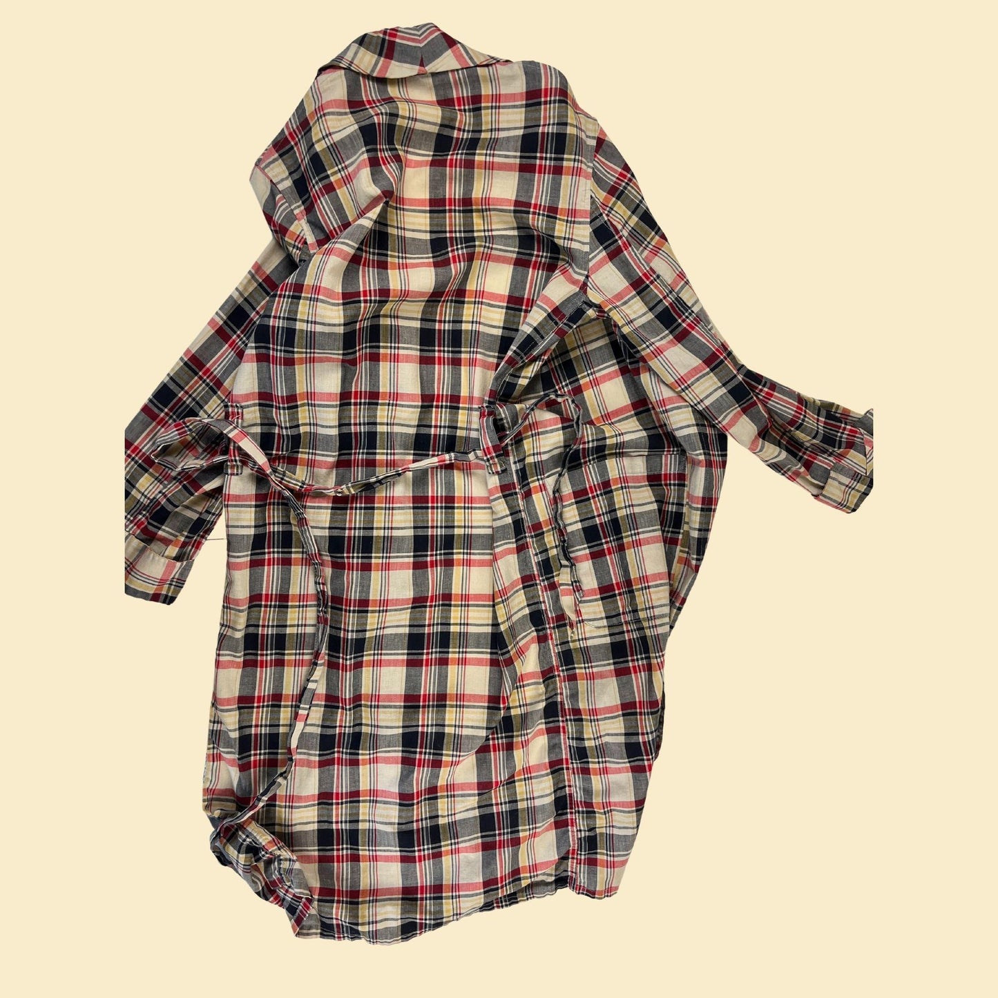 1970s plaid Sears robe, vintage S 34/36 men's beige, burgundy & yellow lightweight cotton robe