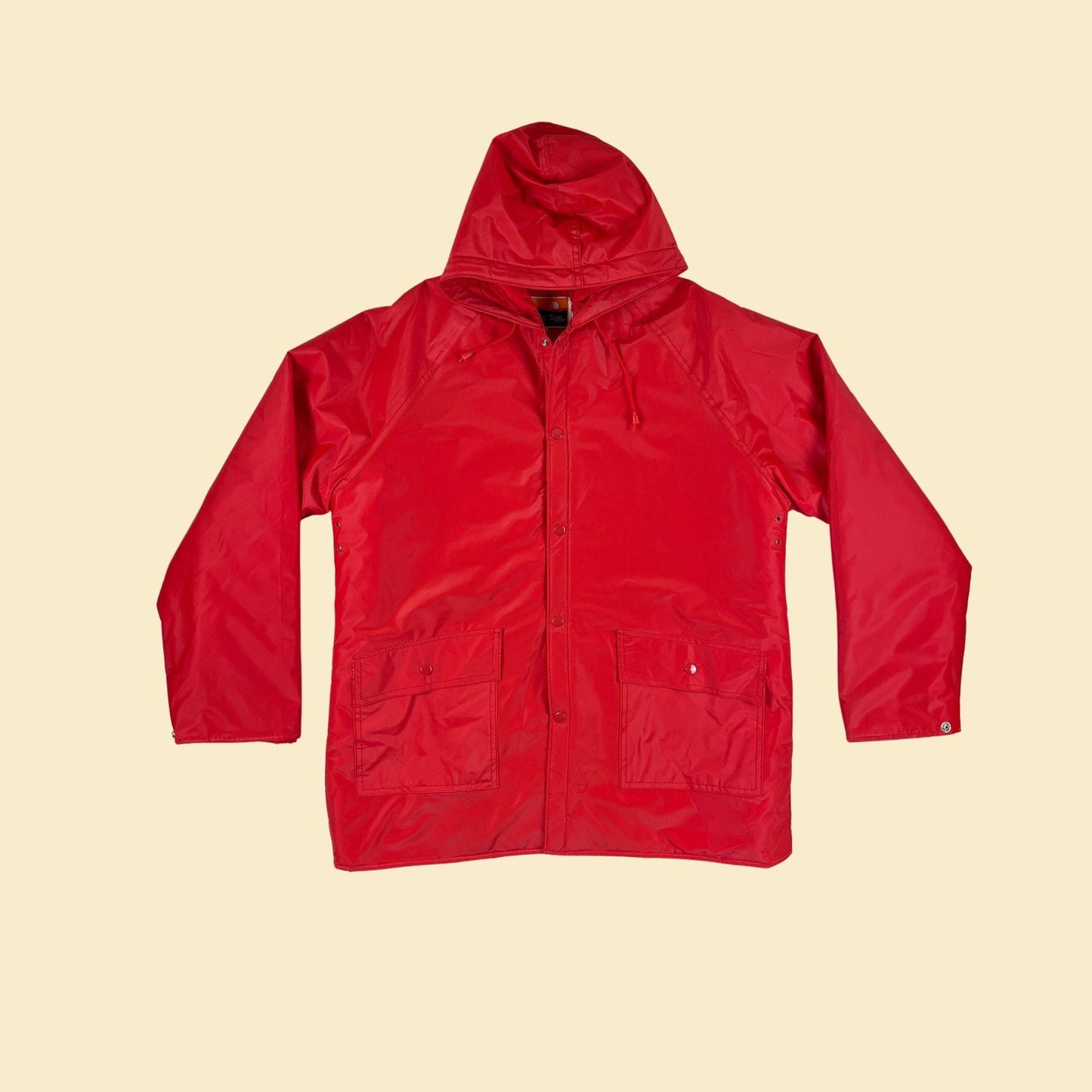 80s/90s S puffer rain jacket by Ozark Trail, men's vintage solid red hooded PVC jacket