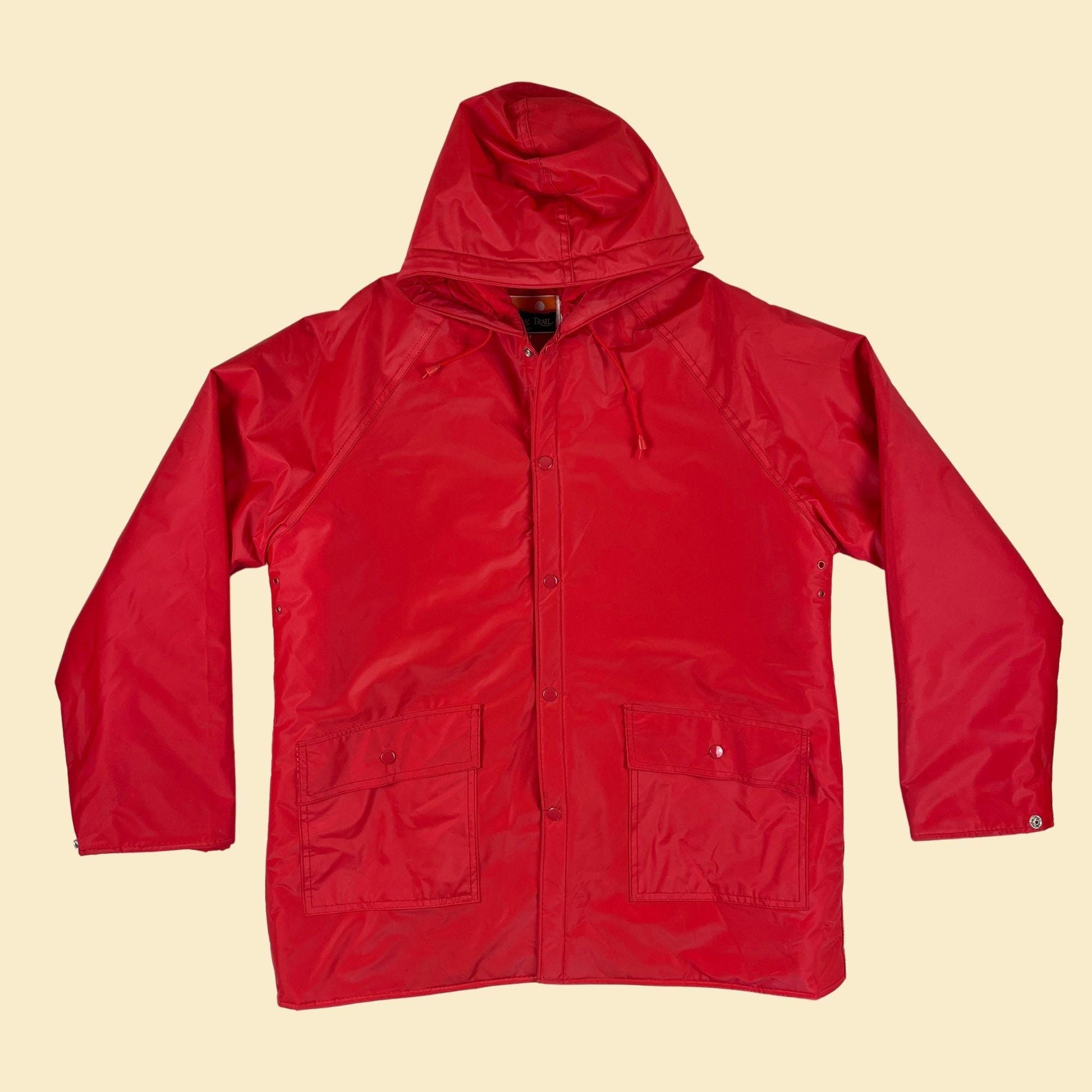 80s/90s S puffer rain jacket by Ozark Trail, men's vintage solid red hooded PVC jacket