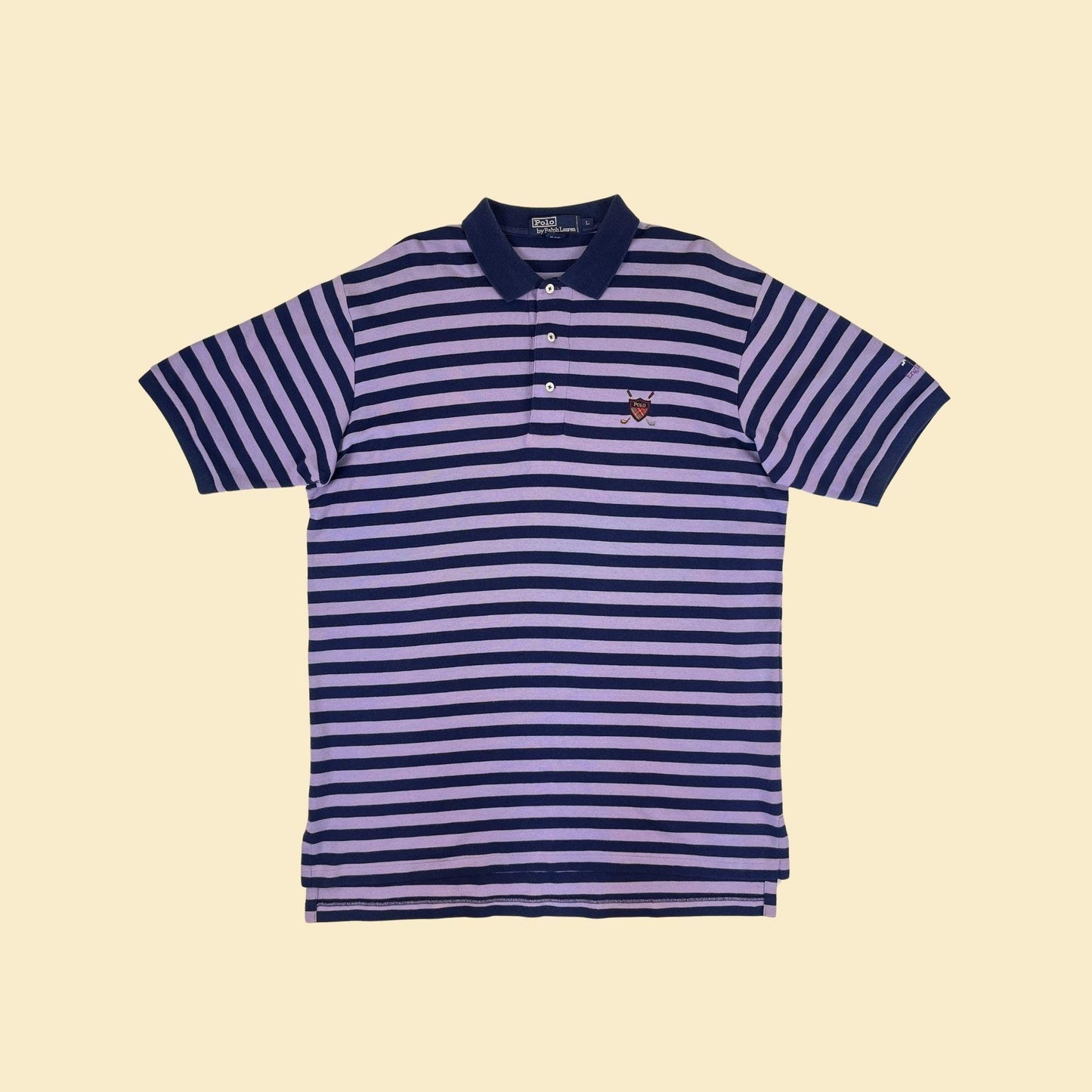 90s/Y2K Polo by Ralph Lauren striped shirt, vintage L men's golf club short sleeve purple/blue top