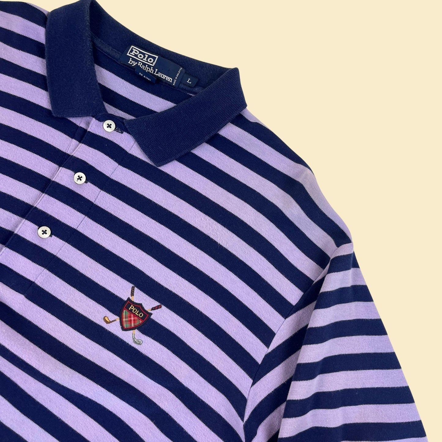 90s/Y2K Polo by Ralph Lauren striped shirt, vintage L men's golf club short sleeve purple/blue top