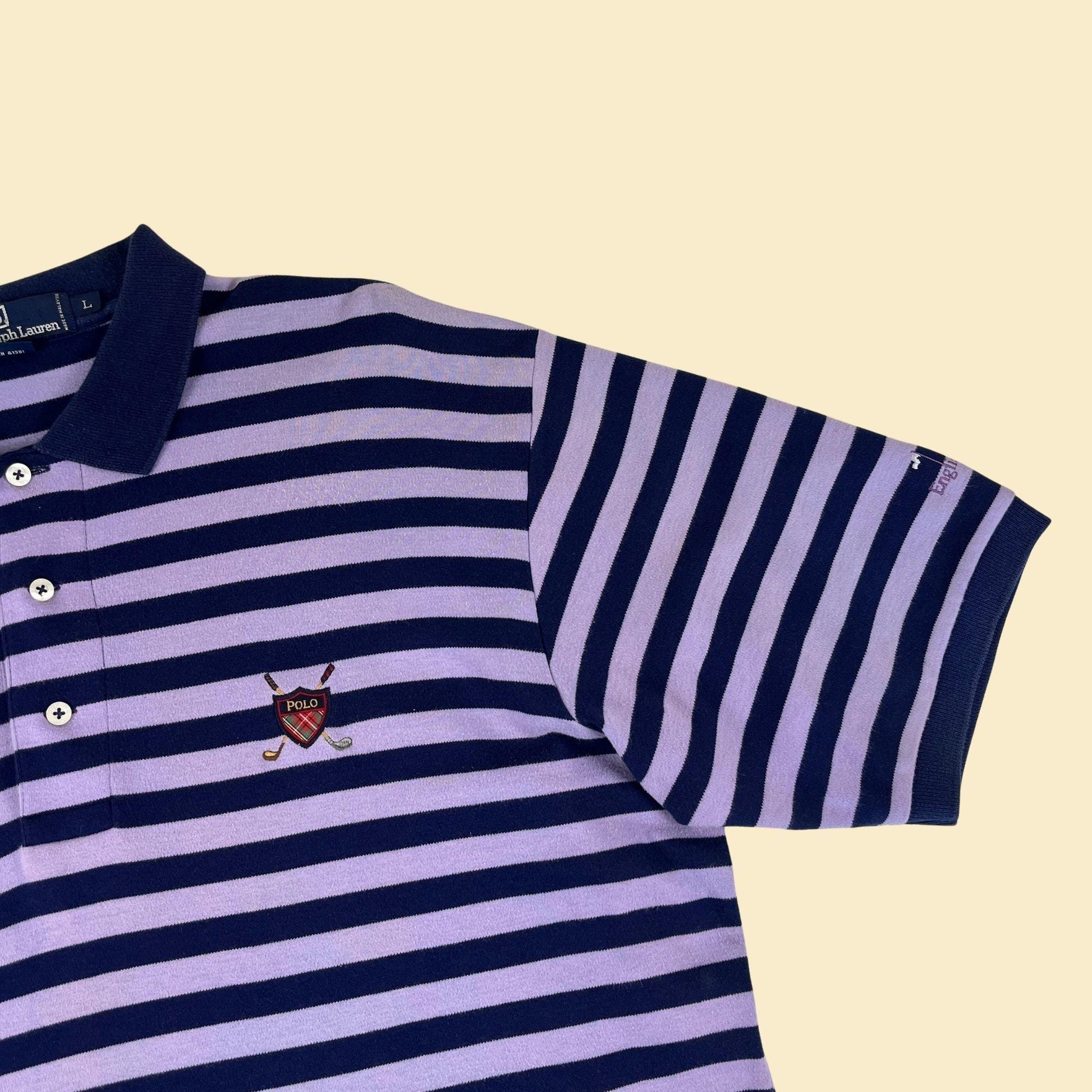 90s/Y2K Polo by Ralph Lauren striped shirt, vintage L men's golf club short sleeve purple/blue top