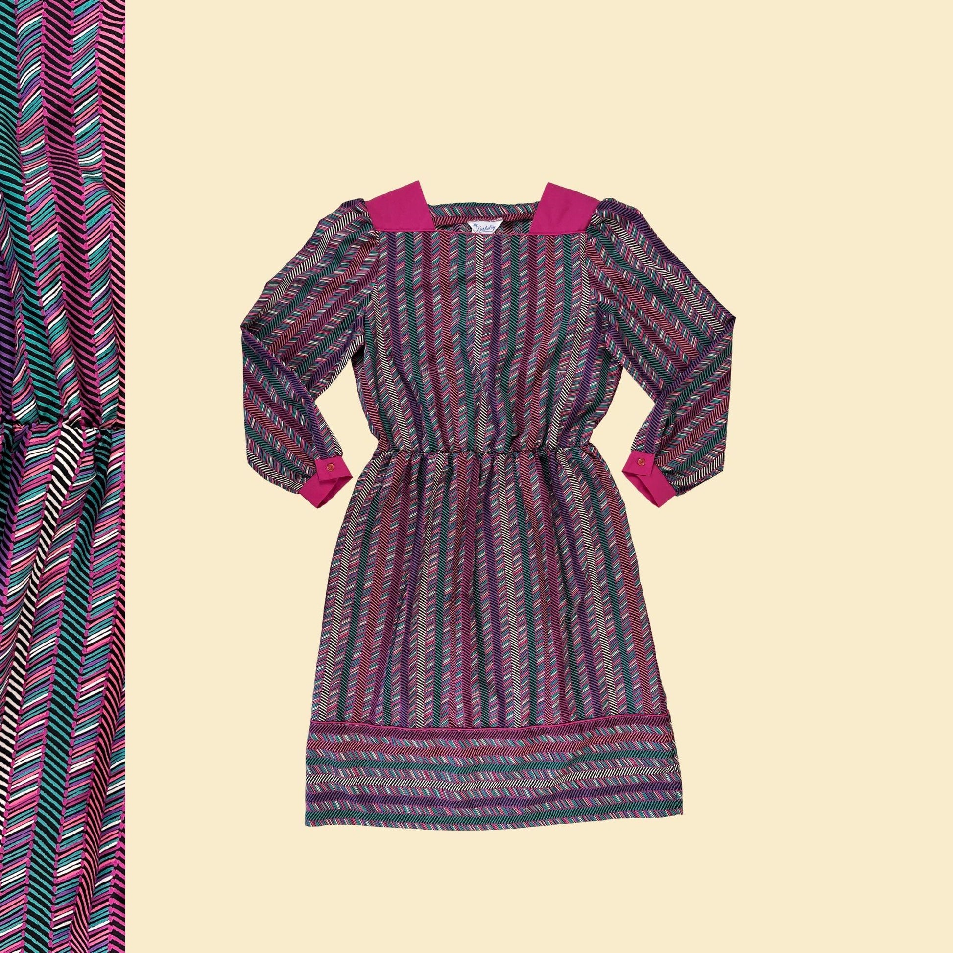 1970s geometric dress By Berkeley, size 16 vintage purple & teal striped midi to maxi dress