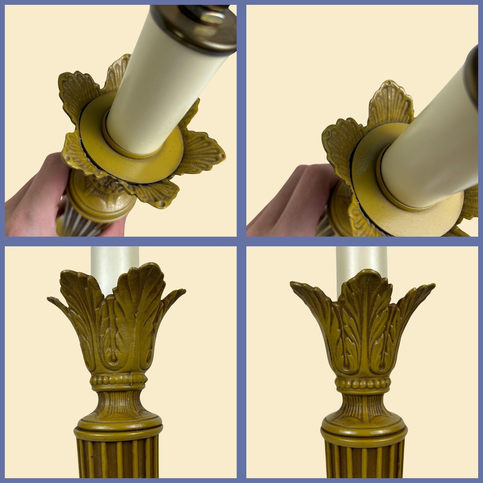 1970s yellow table lamp, vintage toleware-style 20.5" lamp w/ ribbed & ornate filigree pattern