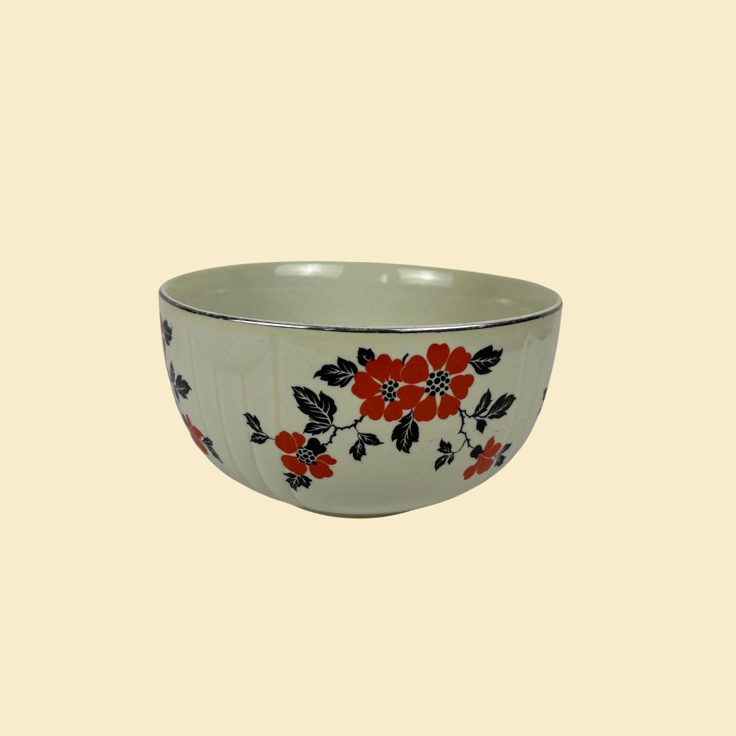 1950s floral bowl by Hall's Kitchenware, vintage ceramic red & black flower patterned mixing box