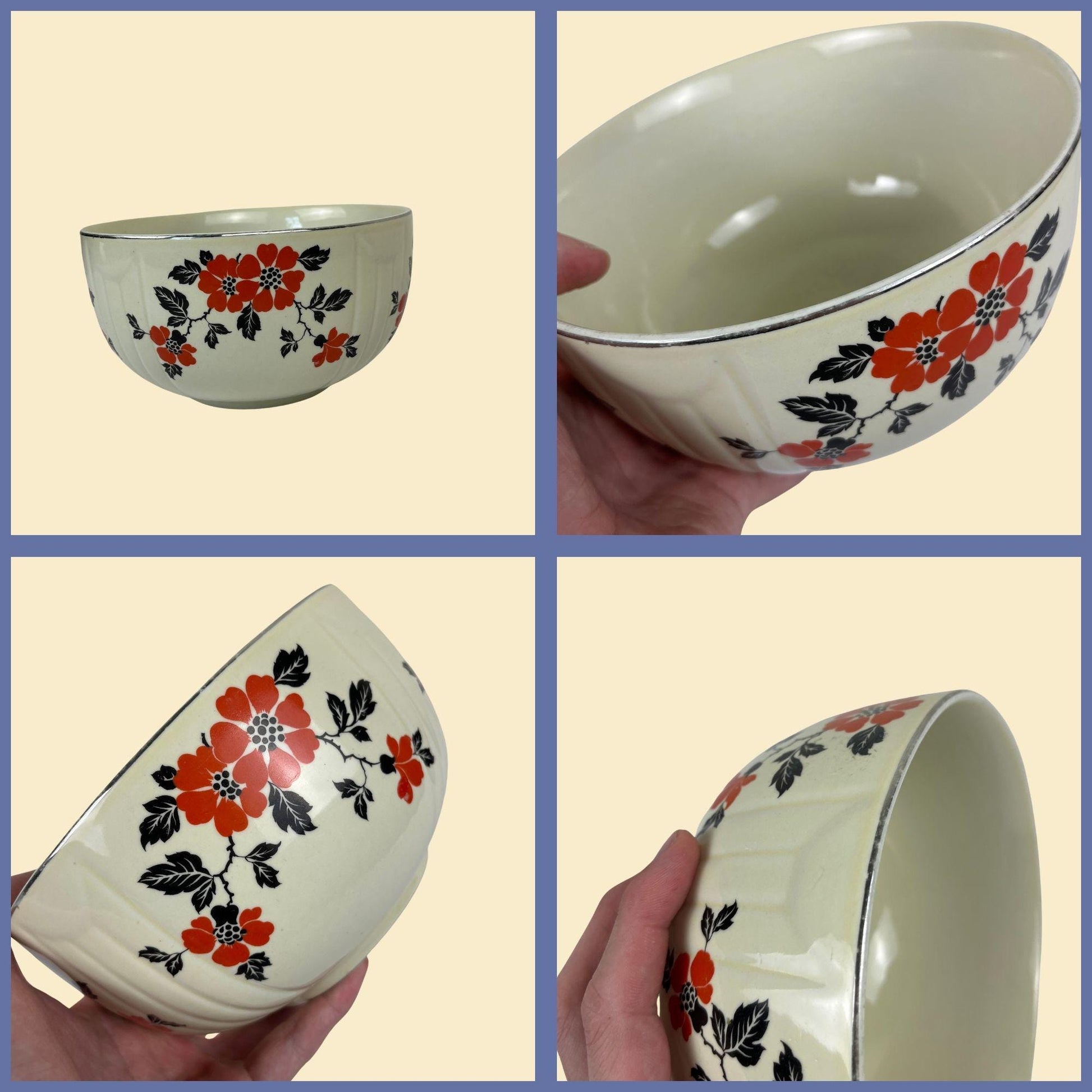 1950s floral bowl by Hall's Kitchenware, vintage ceramic red & black flower patterned mixing box