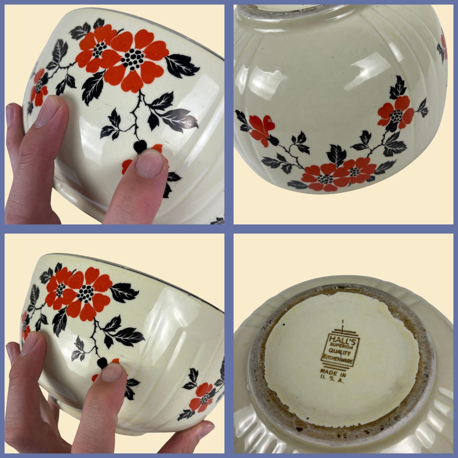 1950s floral bowl by Hall's Kitchenware, vintage ceramic red & black flower patterned mixing box