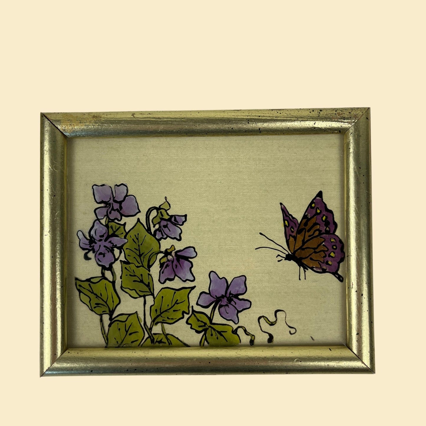 1970s mushroom & butterfly wall art, vintage reverse glass painted gold-tone framed wall decor