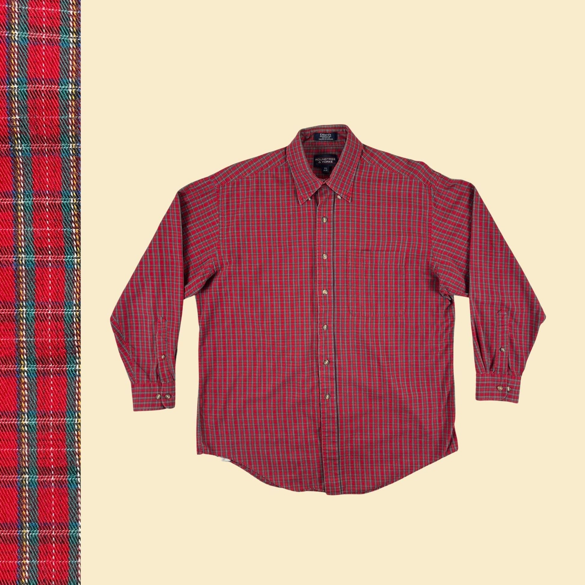 90s plaid red shirt, size 16.5, 34/35 men's long sleeve casual button down by Roundtree & Yorke