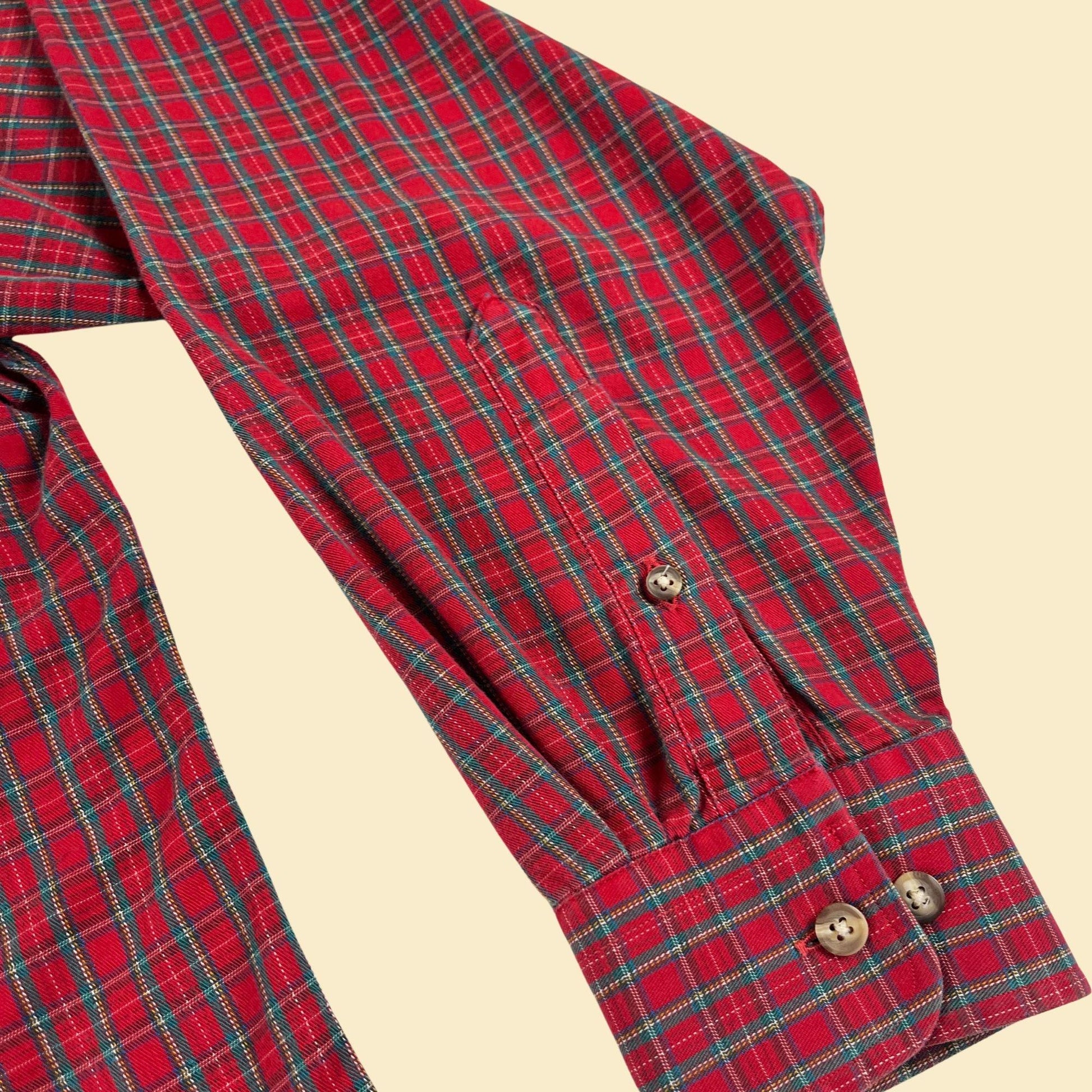 90s plaid red shirt, size 16.5, 34/35 men's long sleeve casual button down by Roundtree & Yorke