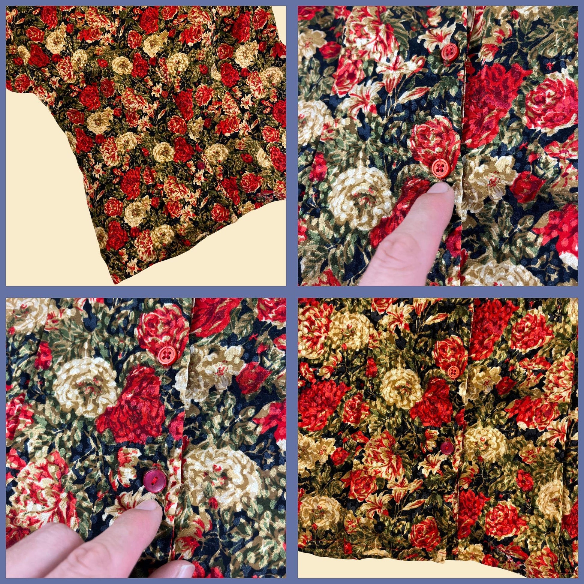 1980s floral peplum blouse, size 6 black & red floral v-neck top by Michelle Stuart