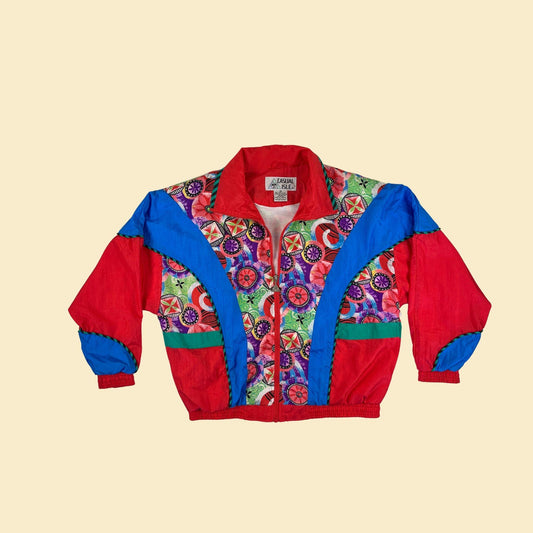 80s/90s M windbreaker jacket, vintage floral & colorblock blue and red zip up track jacket by Casual Isle