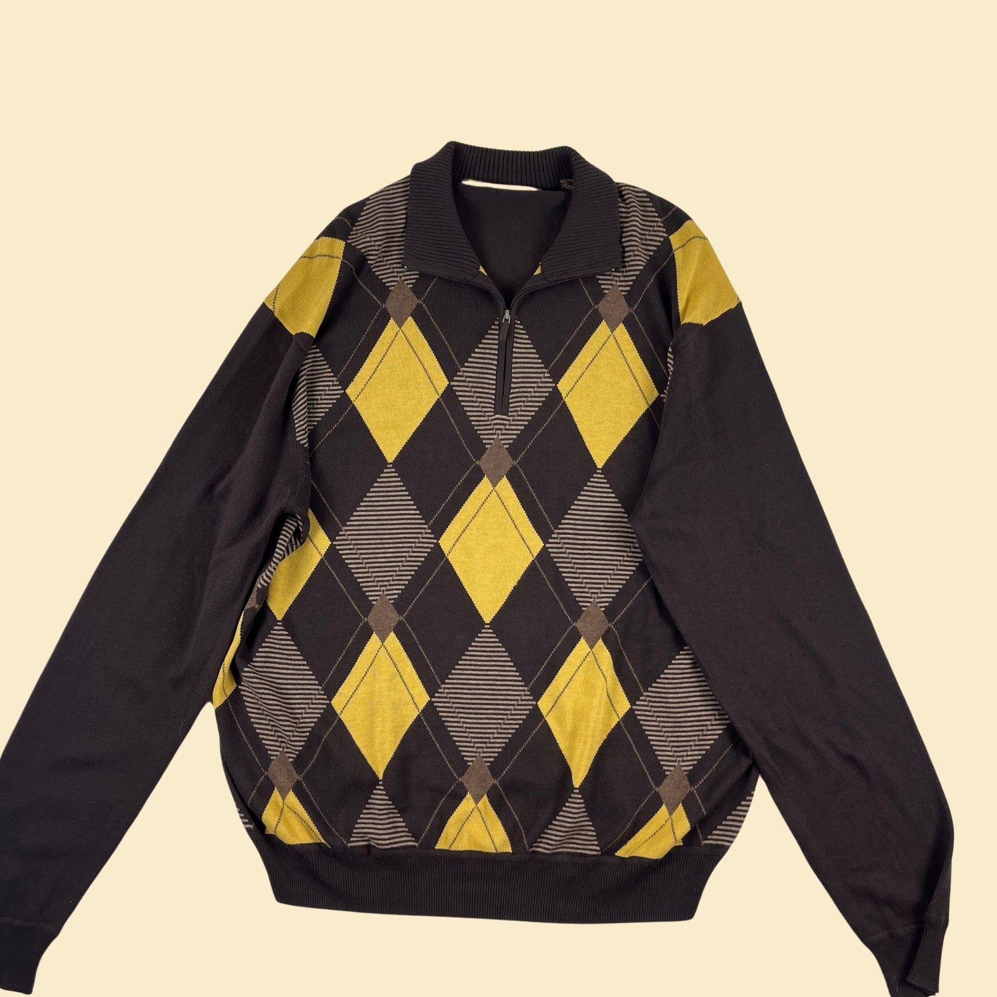 Y2K Perry Ellis XL quarter zip sweater, vintage argyle brown & yellow pullover men's sweatshirt