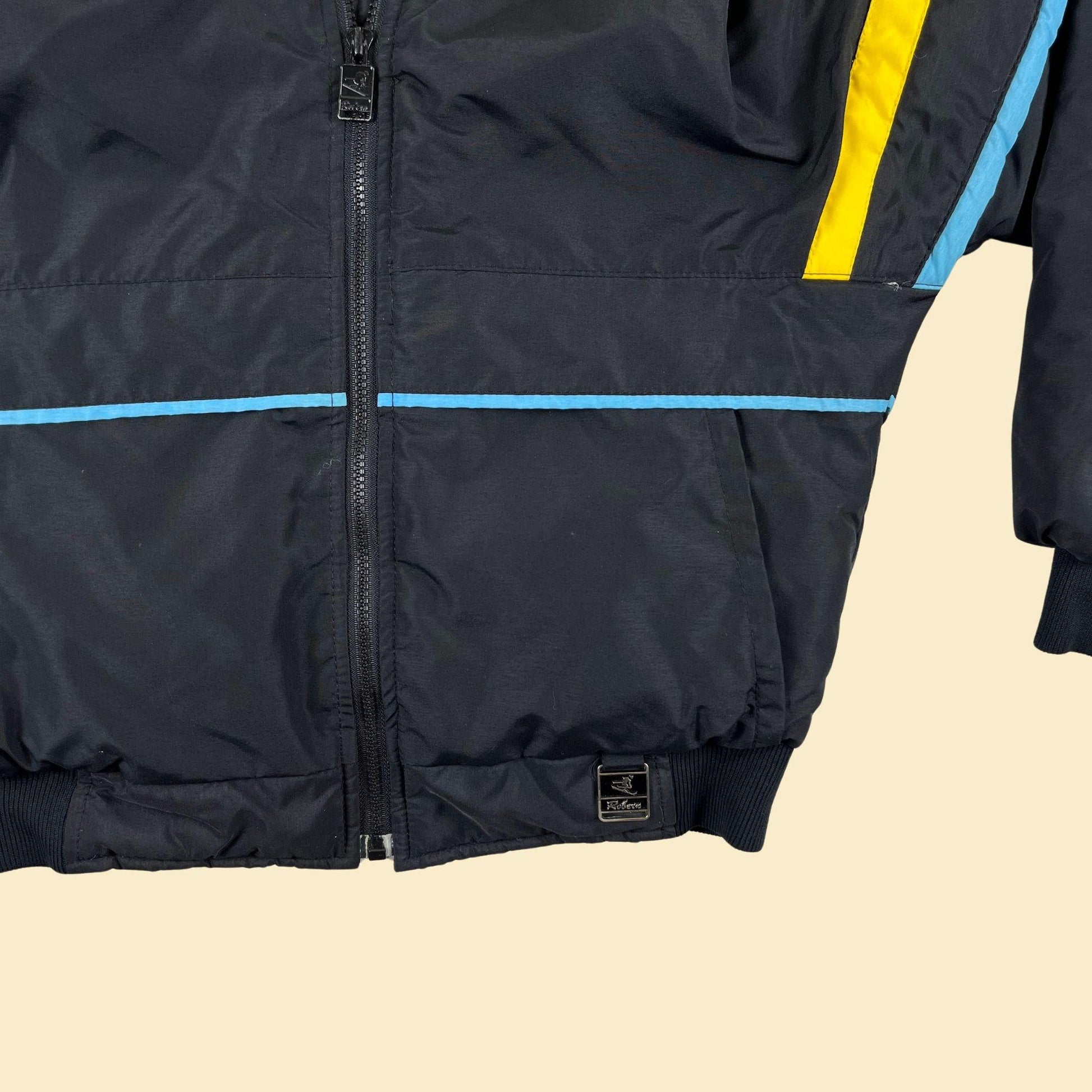 1980s S down ski jacket, vintage Downhill Racer zip up black, teal & yellow puffer jacket