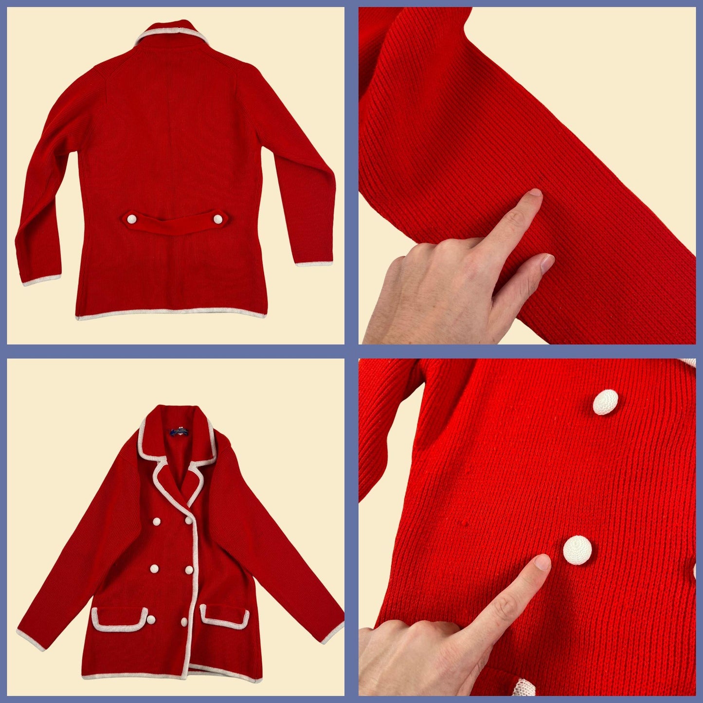 1970s S cardigan sweater, vintage red & white double breasted acrylic button down knit jacket