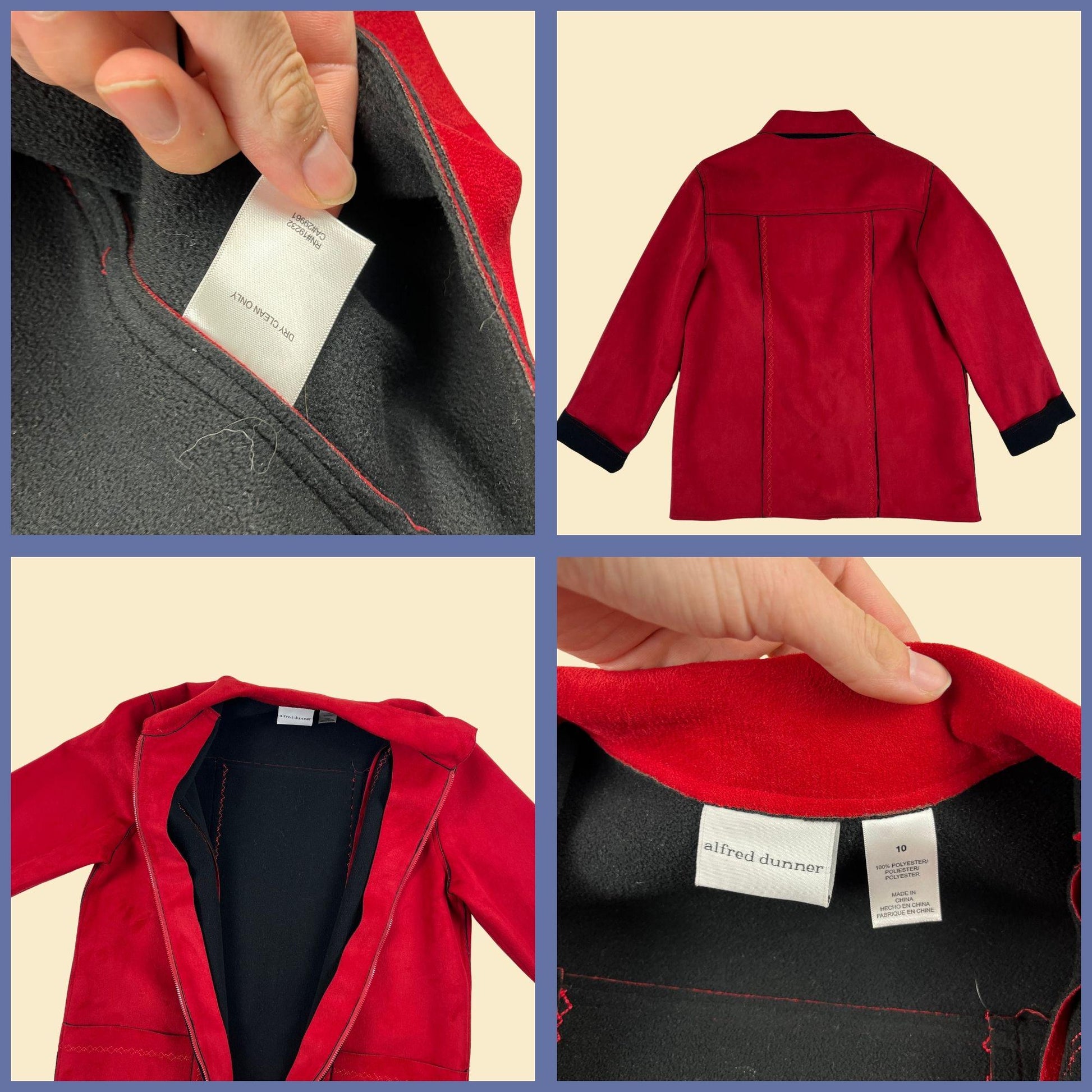 Y2K red women's jacket, size 10 vintage 2000s Alfred Dunner faux-suede red & black zip up fleece-lined jacket