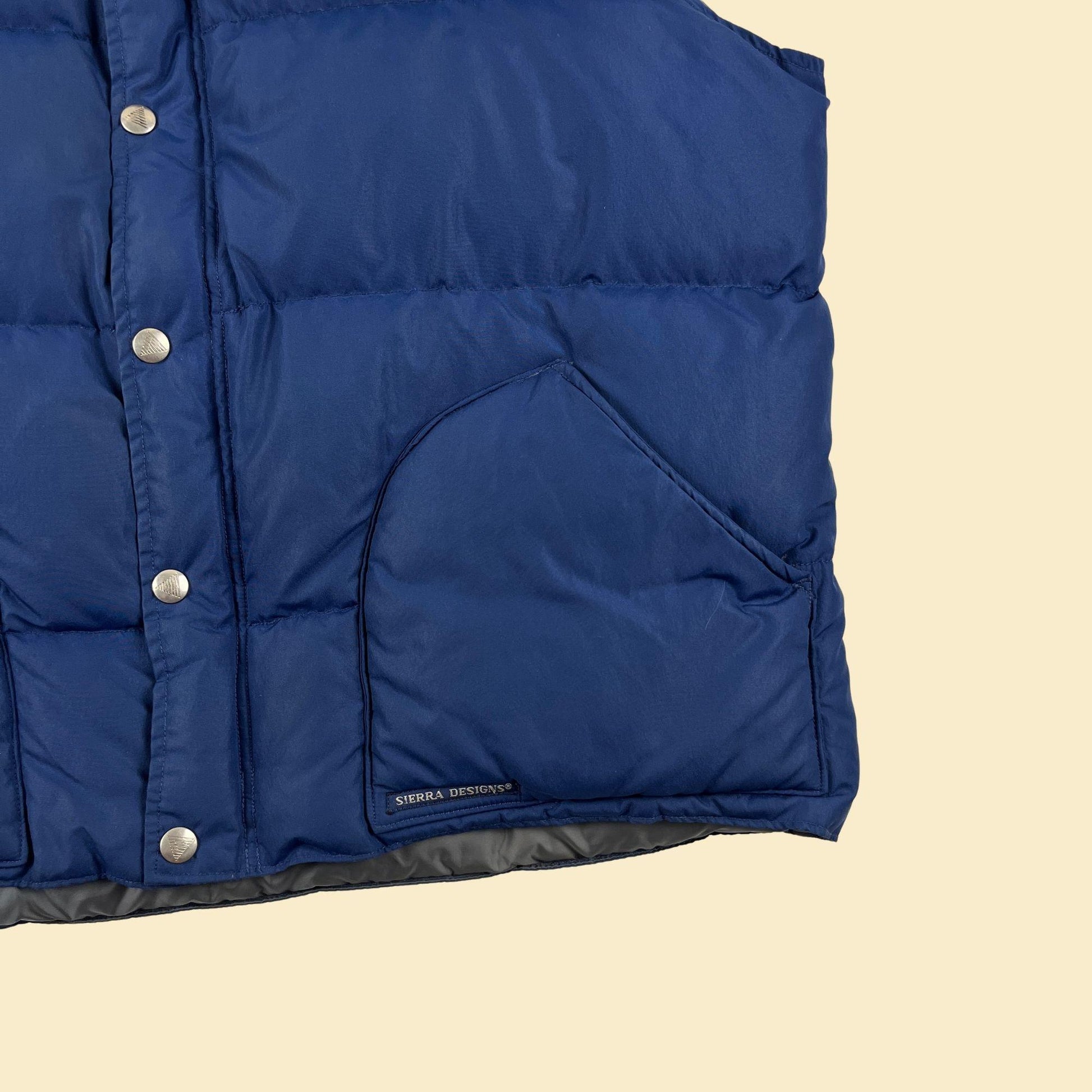 70s/80s Sierra Designs L vest, vintage blue down fill puffer vest w/ snap clasp & zipper closures