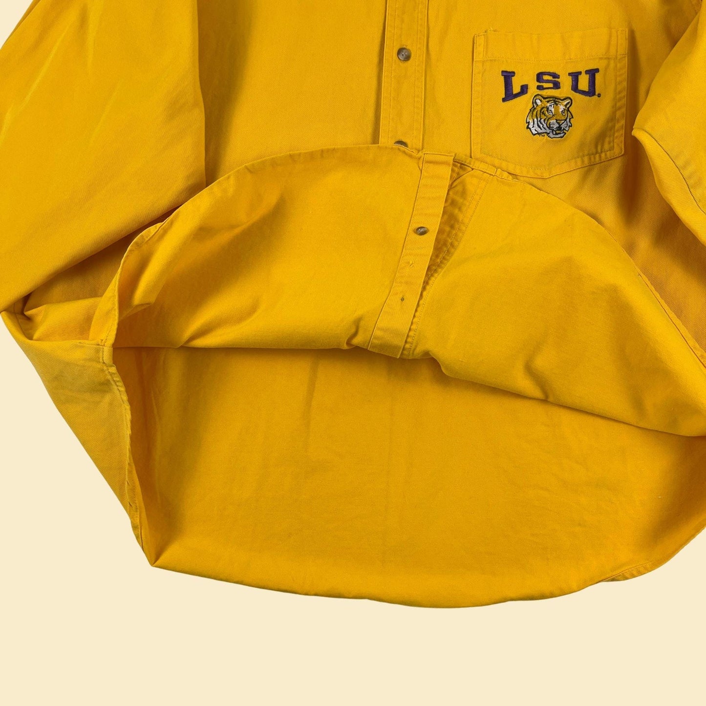 90s LSU XXL shirt, vintage men's yellow button down Louisiana State University Tigers shirt