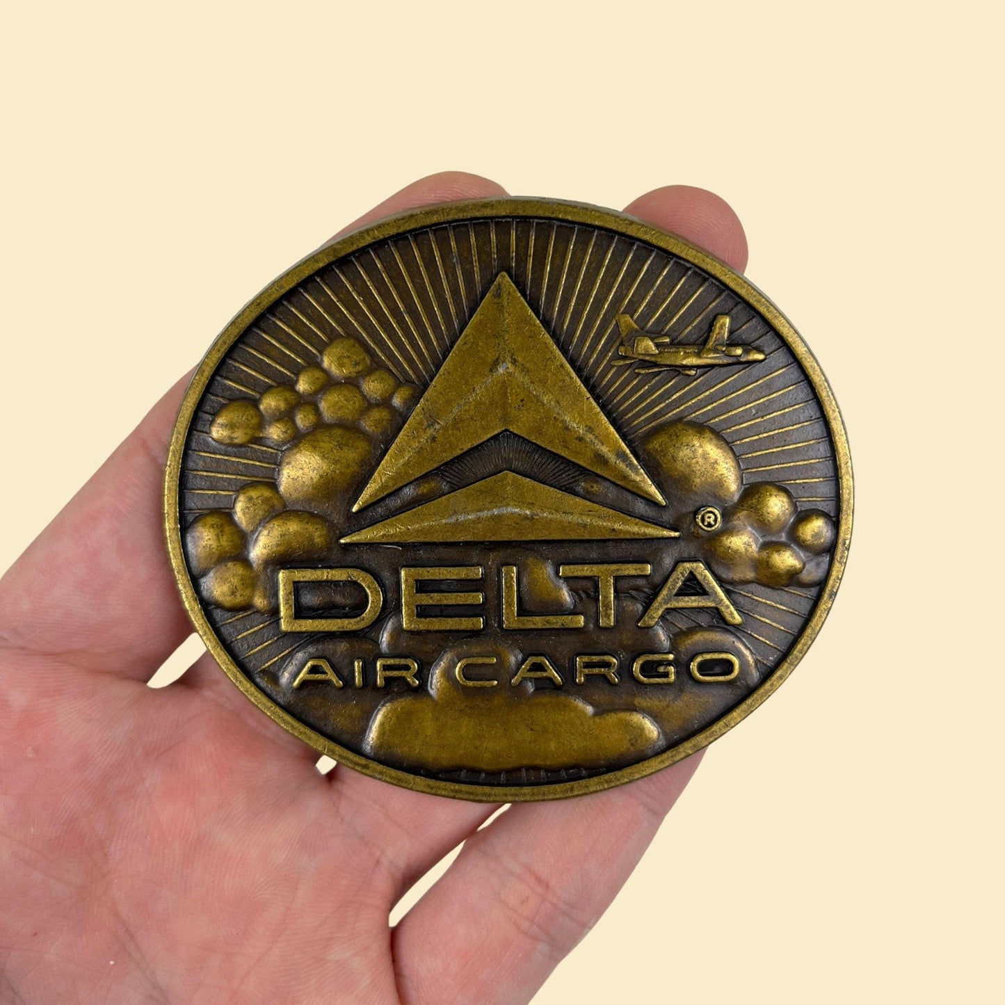 1970s Delta Airlines belt buckle, vintage brass oval-shaped Delta Air Cargo belt buckle