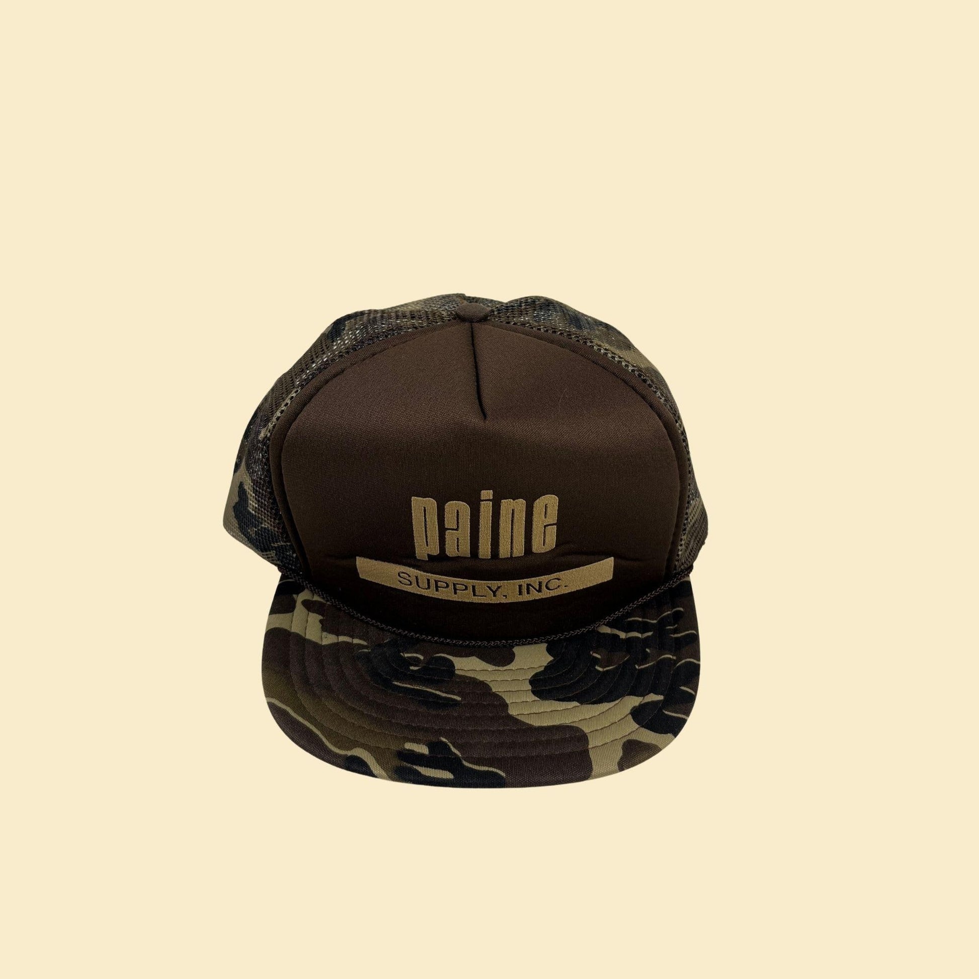 80s camo Paine Supply Inc. snapback hat, vintage San Sun green & brown trucker cap w/ adjustable back