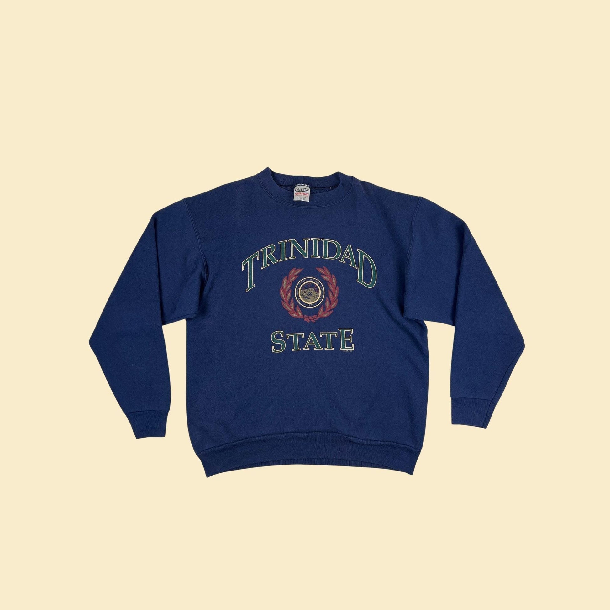 90s Trinidad State crewneck sweatshirt by Oneita, vintage blue & burgundy Colorado pullover