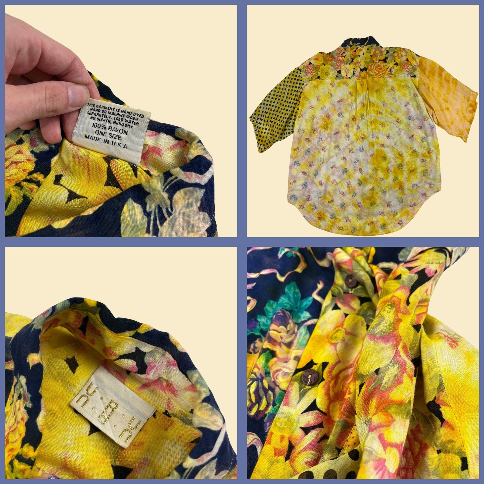 90s URU 2-piece blouse & pants set, vintage abstract lightweight floral shirt/pant set in yellow/blue, "one size"