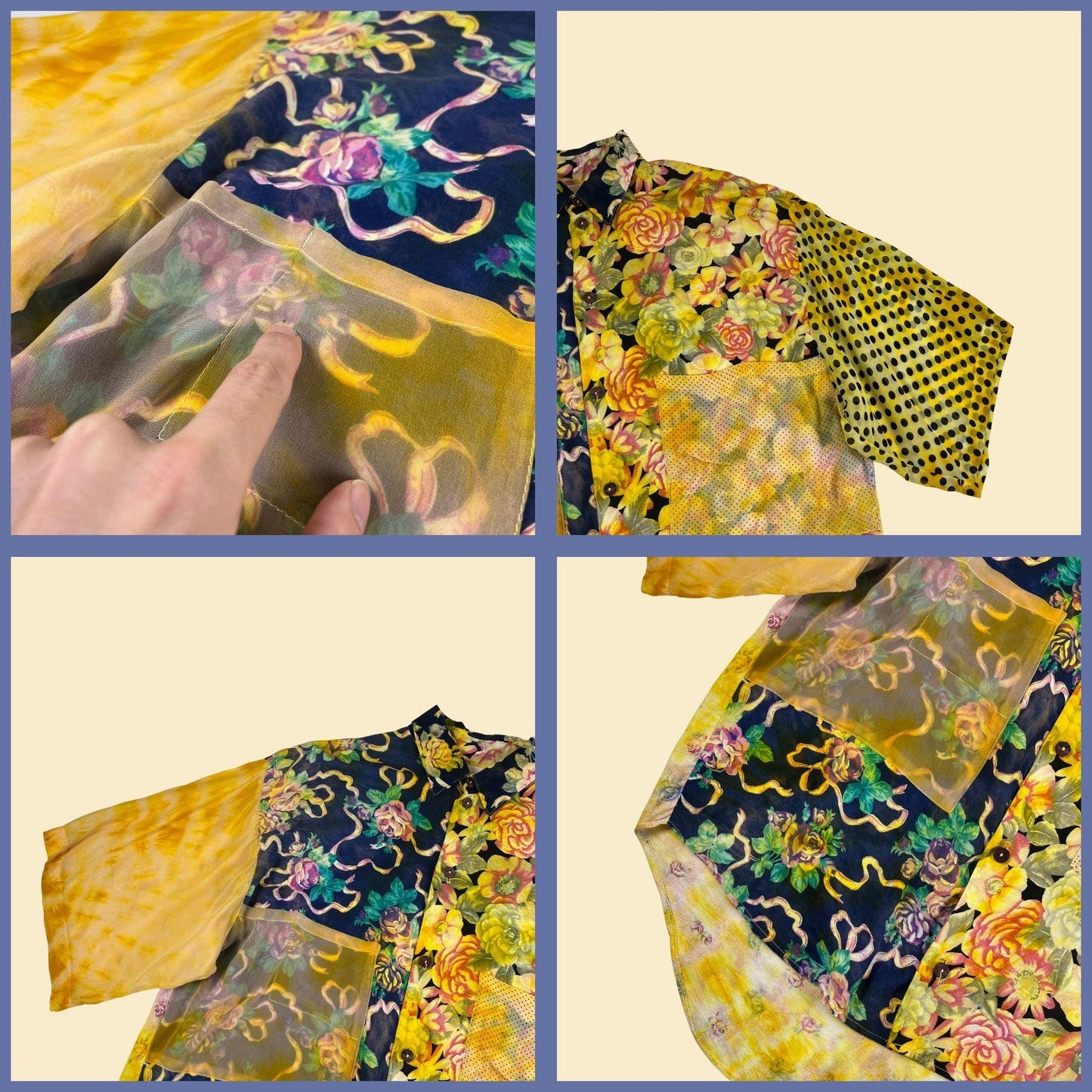 90s URU 2-piece blouse & pants set, vintage abstract lightweight floral shirt/pant set in yellow/blue, "one size"