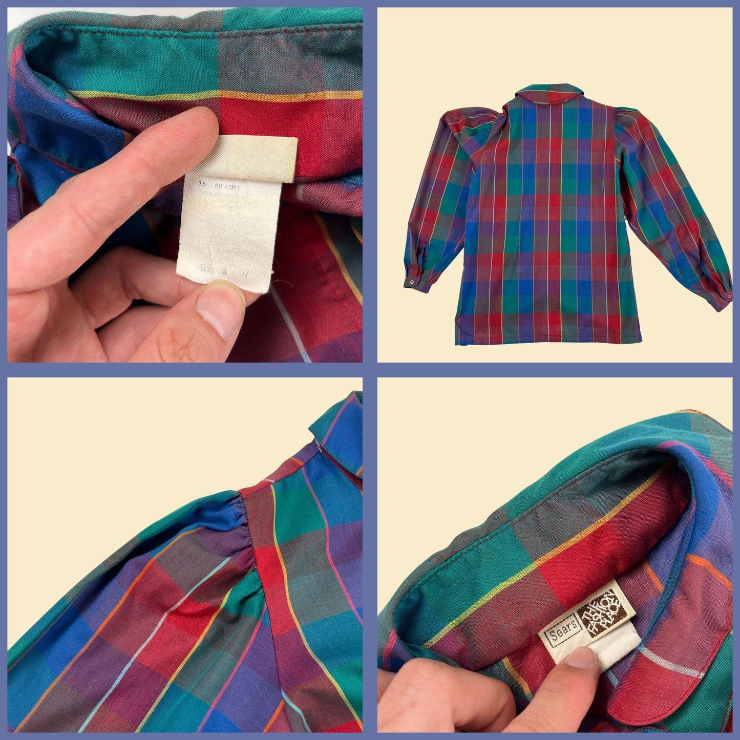 1970s geometric blouse by Sears The Fashion Place, vintage size 8 teal & red plaid long sleeve button down top