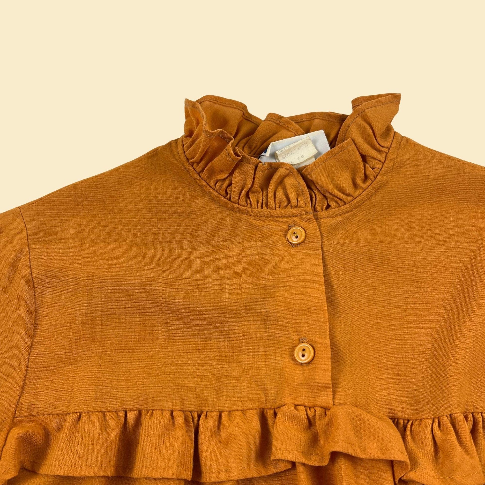 1970s orange ruffle blouse by Avon Fashions, vintage size 7/8 long sleeve western-style women's top