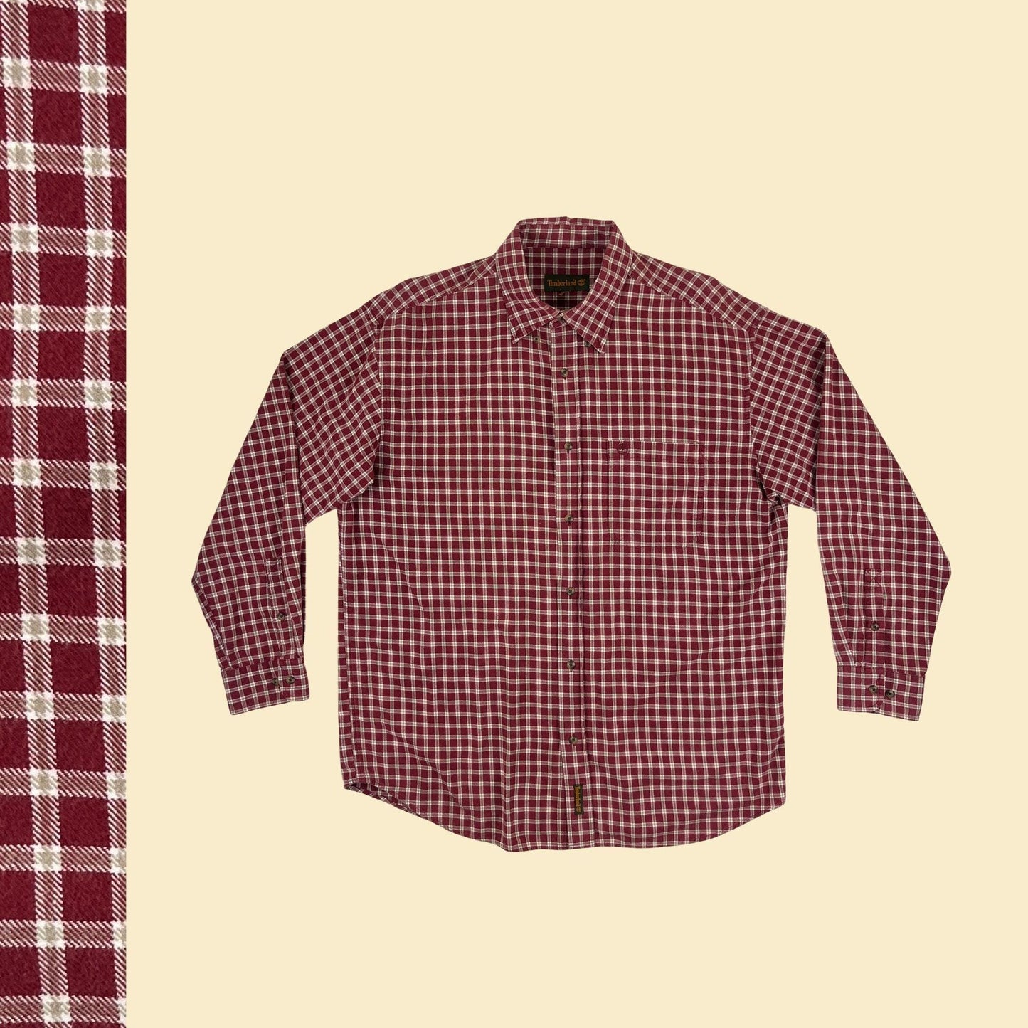 90s Timberland shirt, vintage plaid burgundy & beige M to L men's long sleeve button down top