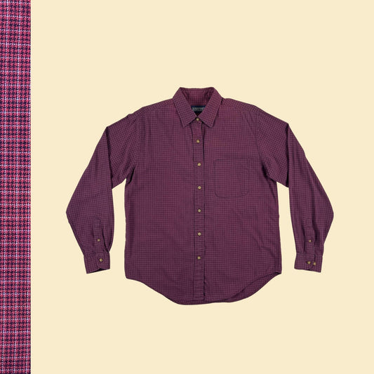 90s S Lands' End shirt, vintage women's burgundy & blue long sleeve cotton button down