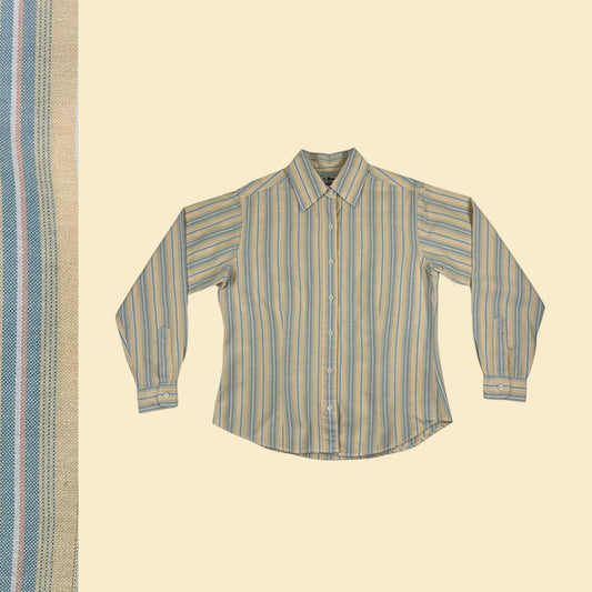 90s L.L. Bean striped blouse, vintage yellow & blue cotton long sleeve button down