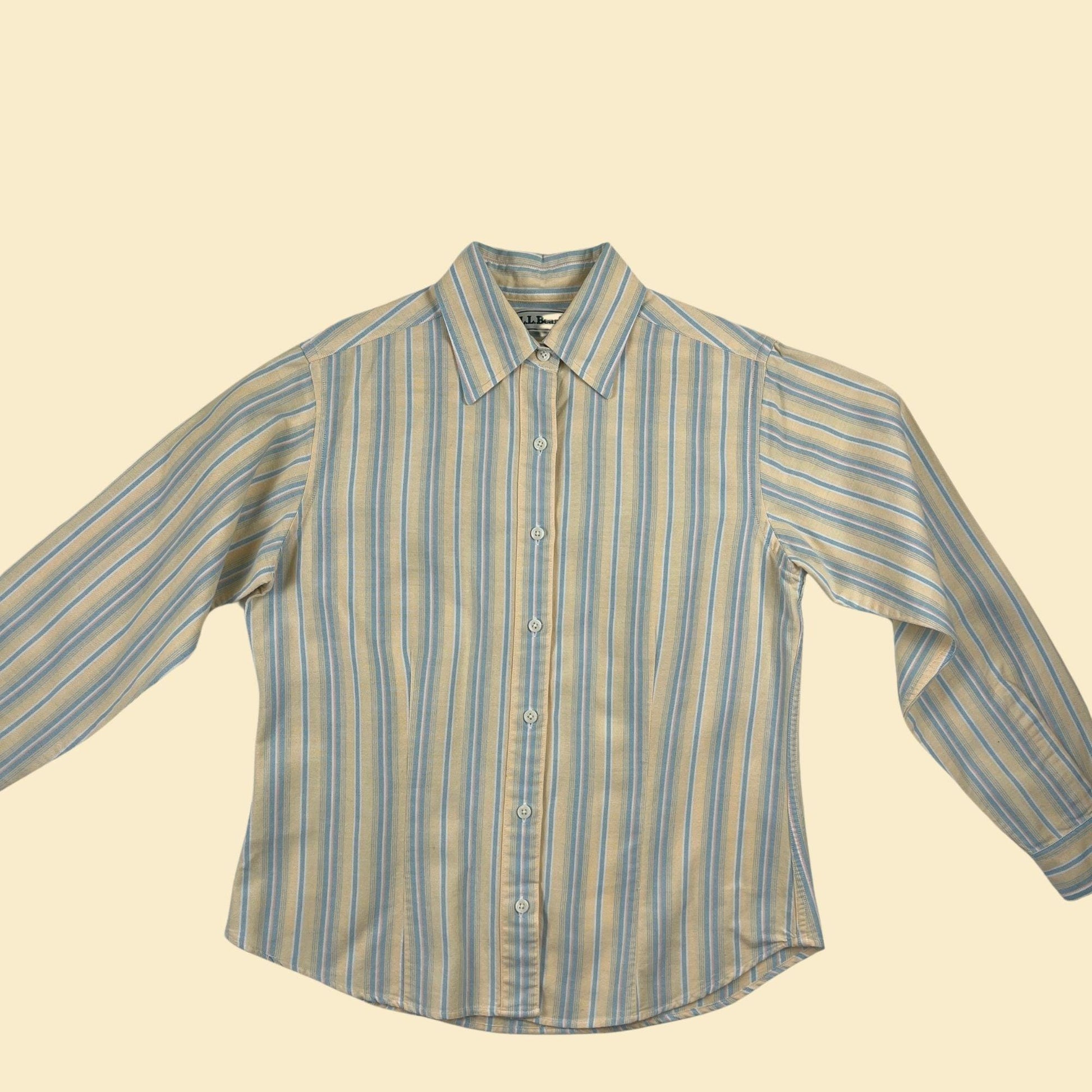 90s L.L. Bean striped blouse, vintage yellow & blue cotton long sleeve button down