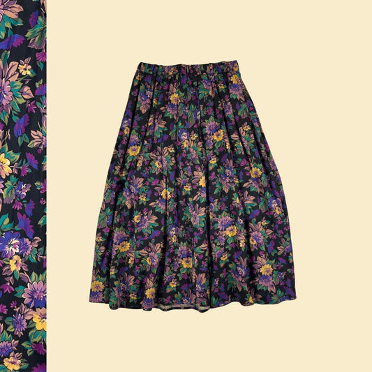 80s/90s LizSport skirt, vintage floral petite S purple & yellow rayon midi to maxi skirt