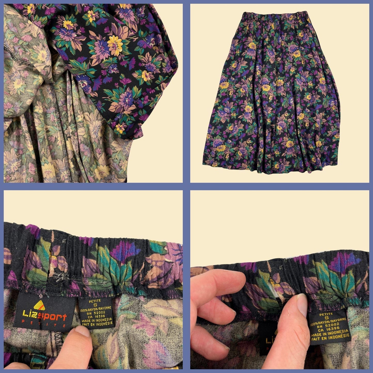 80s/90s LizSport skirt, vintage floral petite S purple & yellow rayon midi to maxi skirt