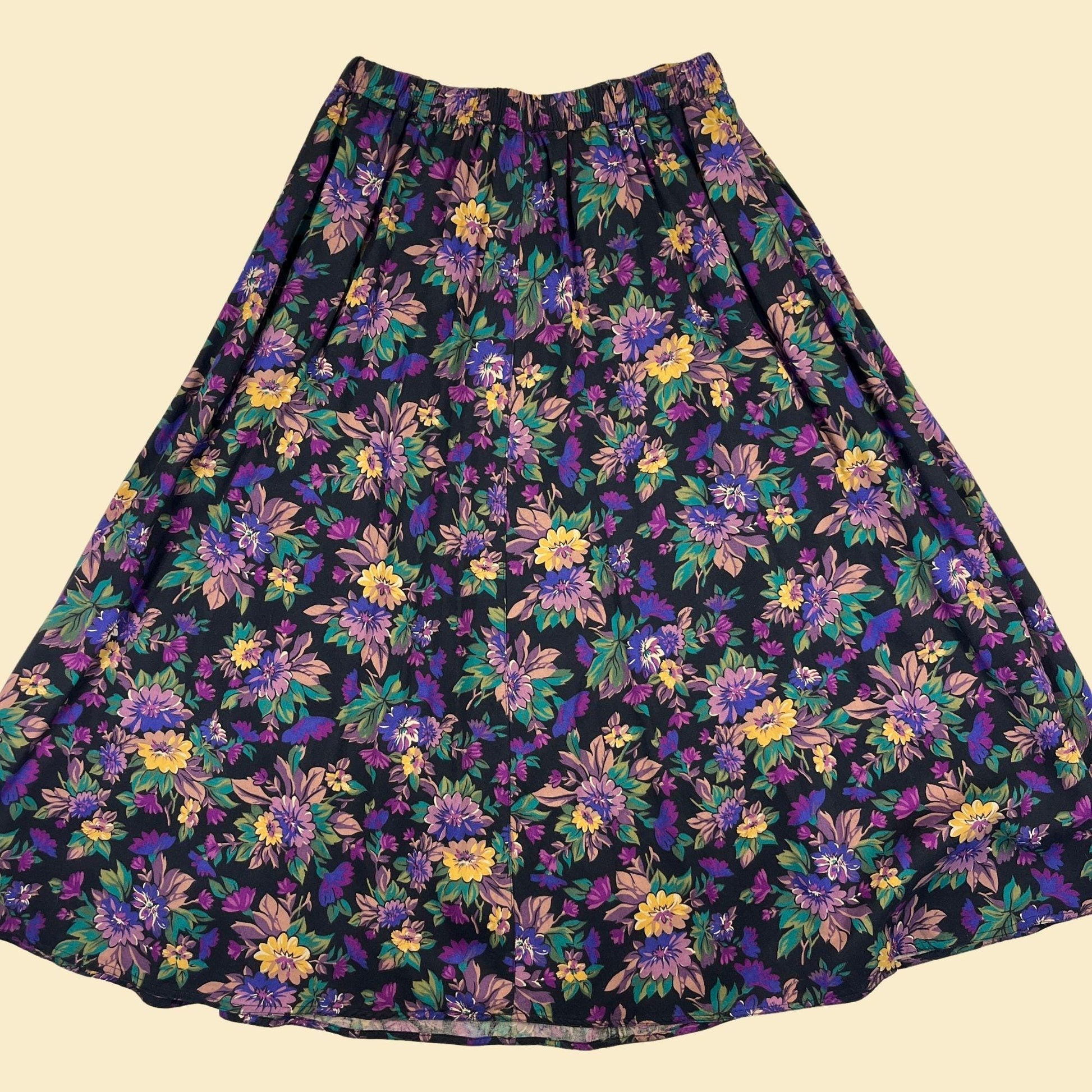 80s/90s LizSport skirt, vintage floral petite S purple & yellow rayon midi to maxi skirt