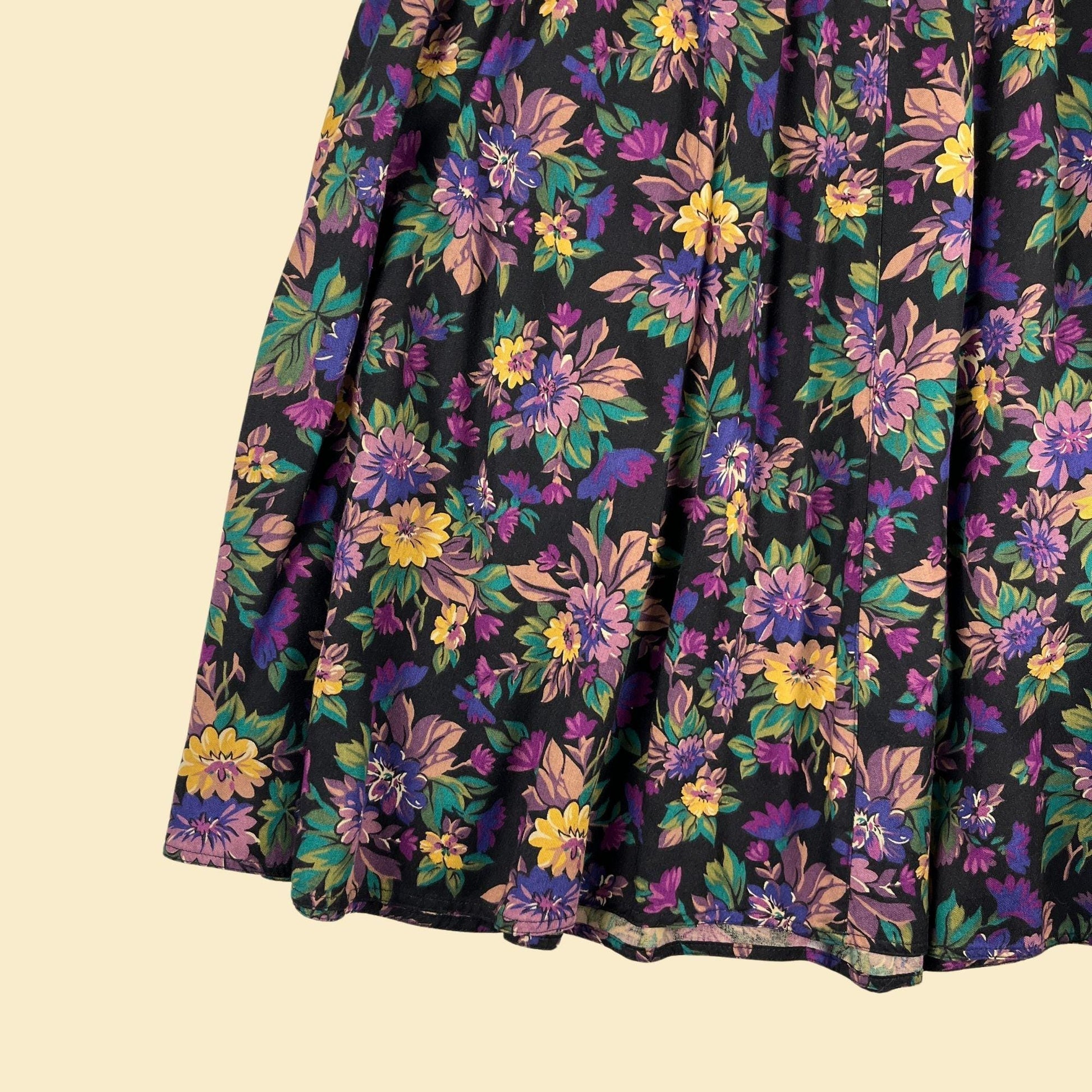 80s/90s LizSport skirt, vintage floral petite S purple & yellow rayon midi to maxi skirt