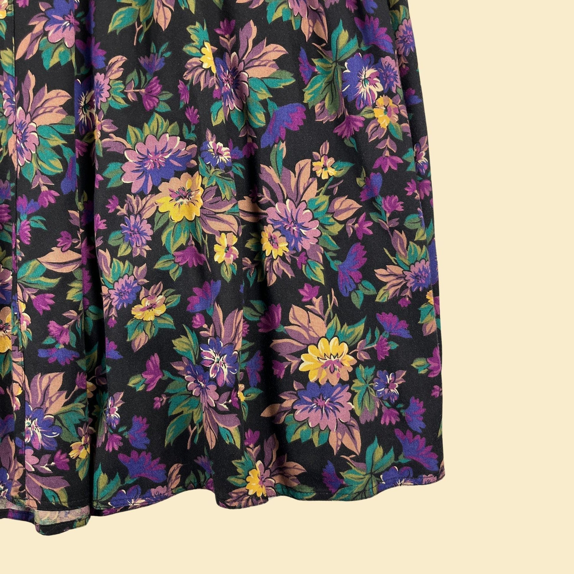 80s/90s LizSport skirt, vintage floral petite S purple & yellow rayon midi to maxi skirt