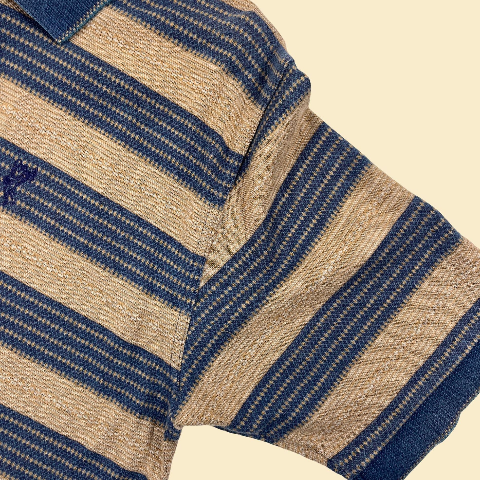 90s striped polo shirt, vintage beige & blue short sleeve cotton top