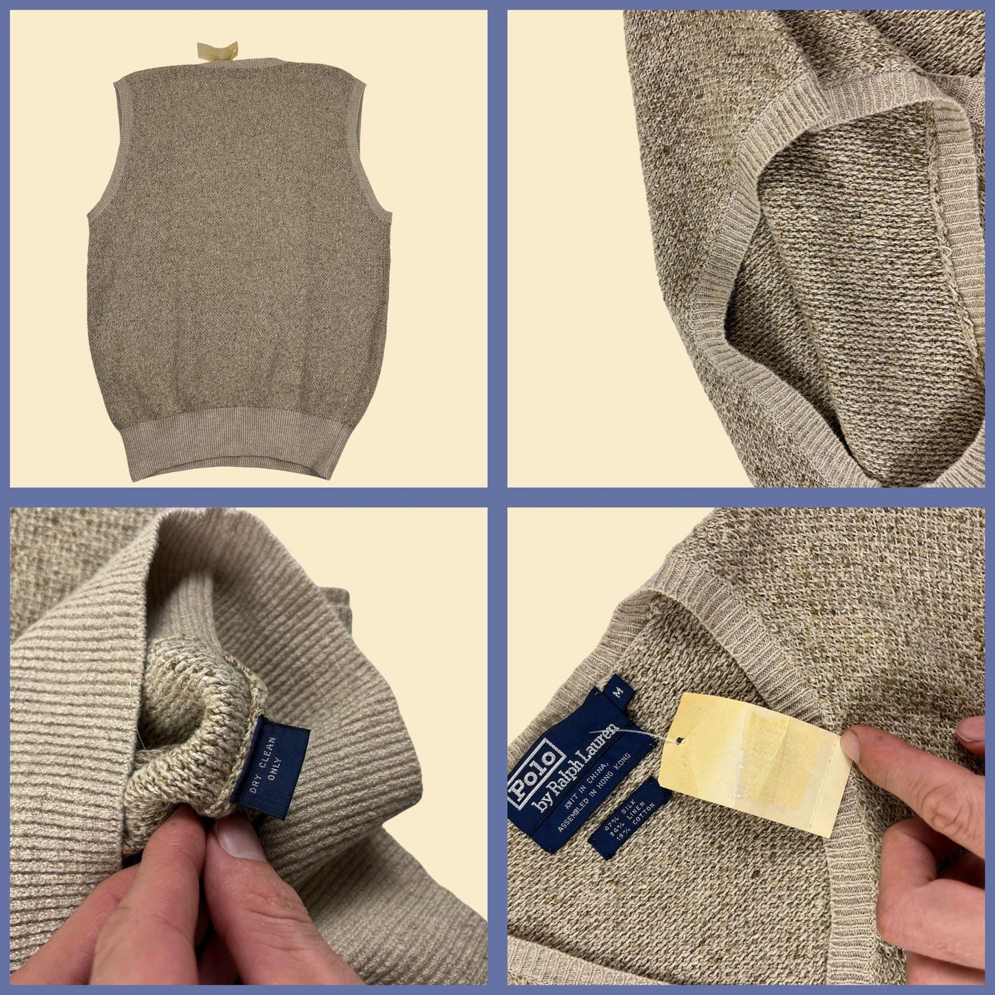 90s Polo by Ralph Lauren sweater vest, vintage beige silk/linen v-neck knit vest, new old stock (w/ tags)