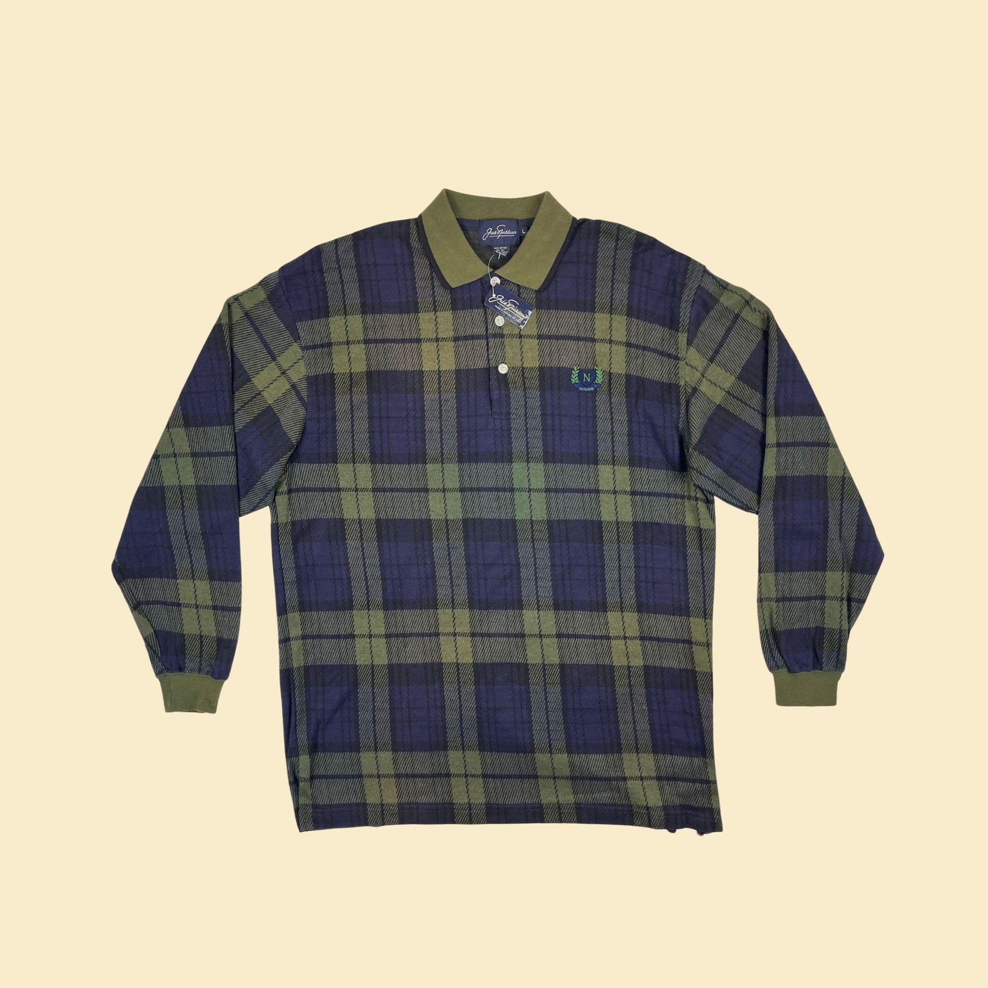 90s L polo shirt by Jack Nicklaus, vintage plaid blue & green long sleeve golf shirt, new old stock (w/ tags)