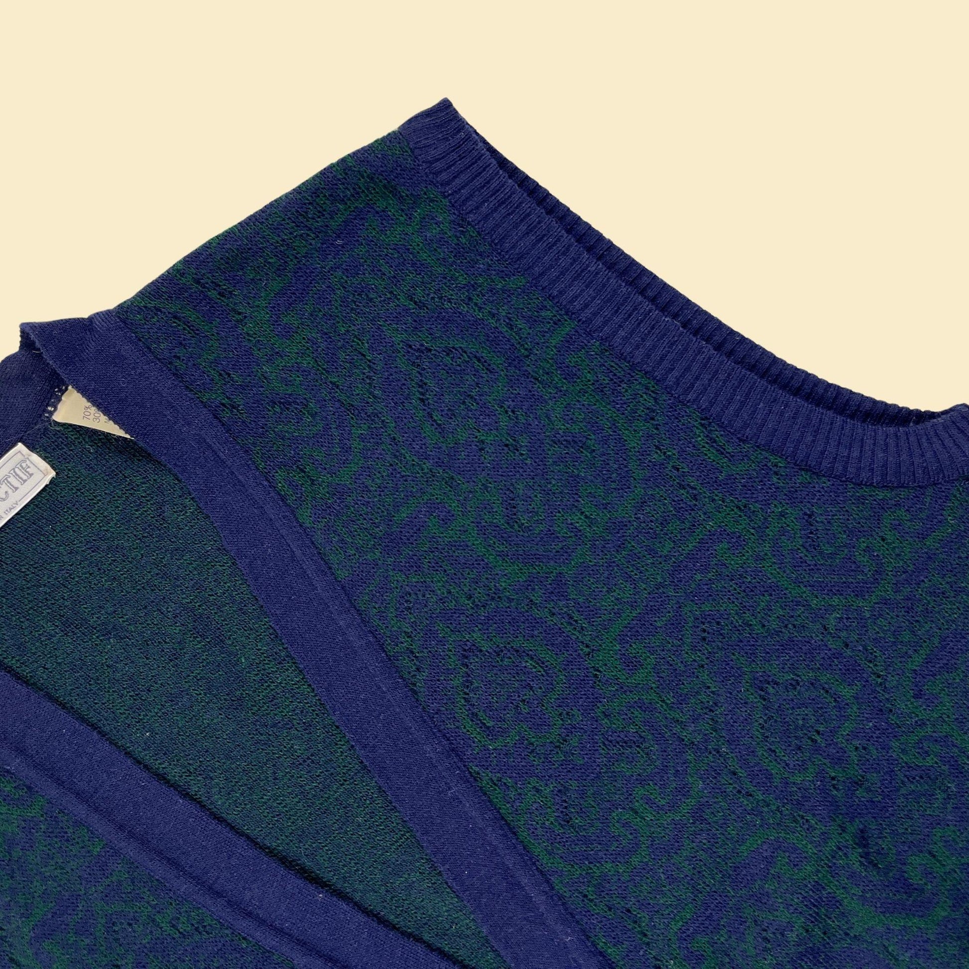 70s/80s L sweater vest by Collectif, vintage blue & green abstract knit cardigan-style vest, made in Italy