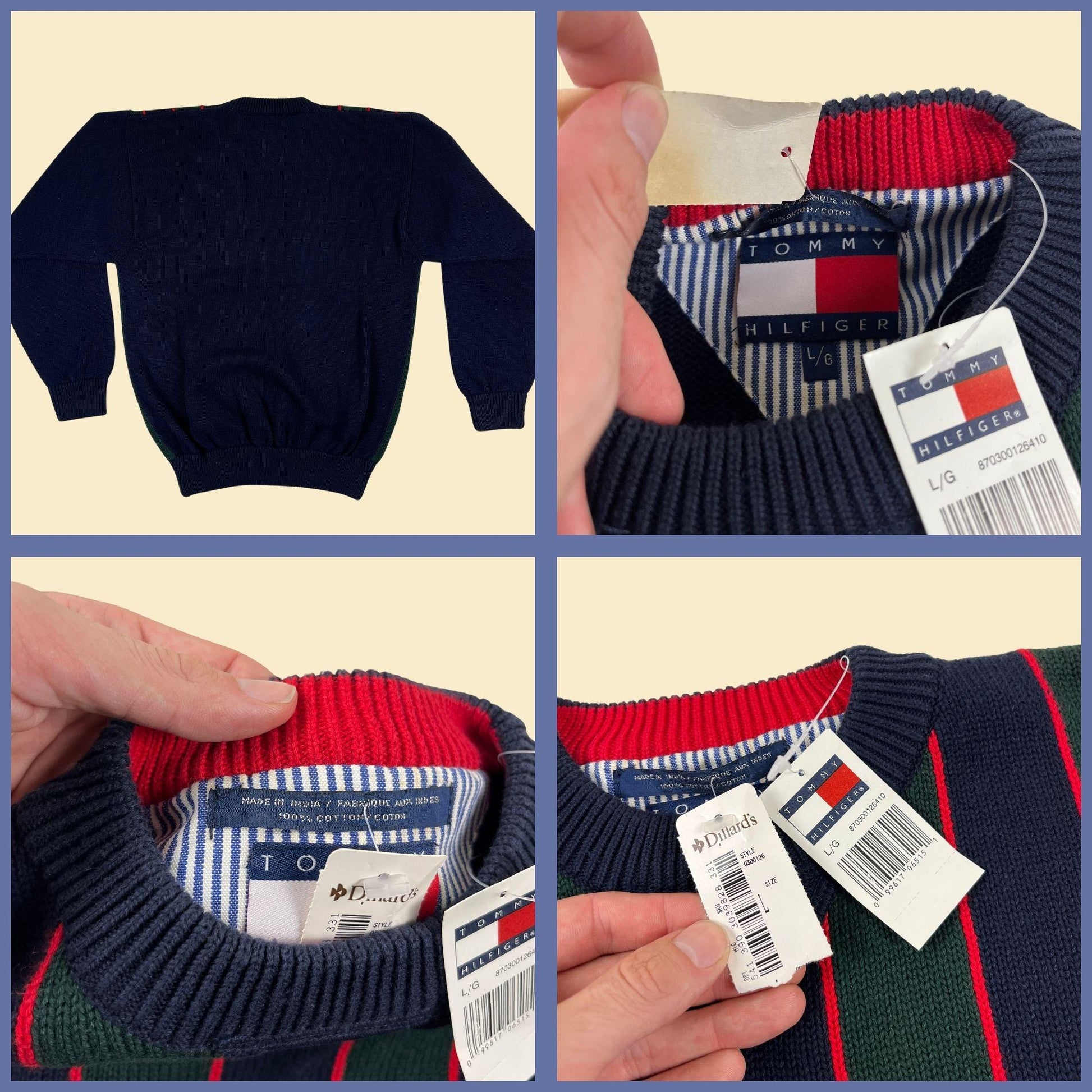 90s/Y2K Tommy Hilfiger L sweater, vintage blue & green crewneck knit cotton men's sweater, new old stock (w/ tags)