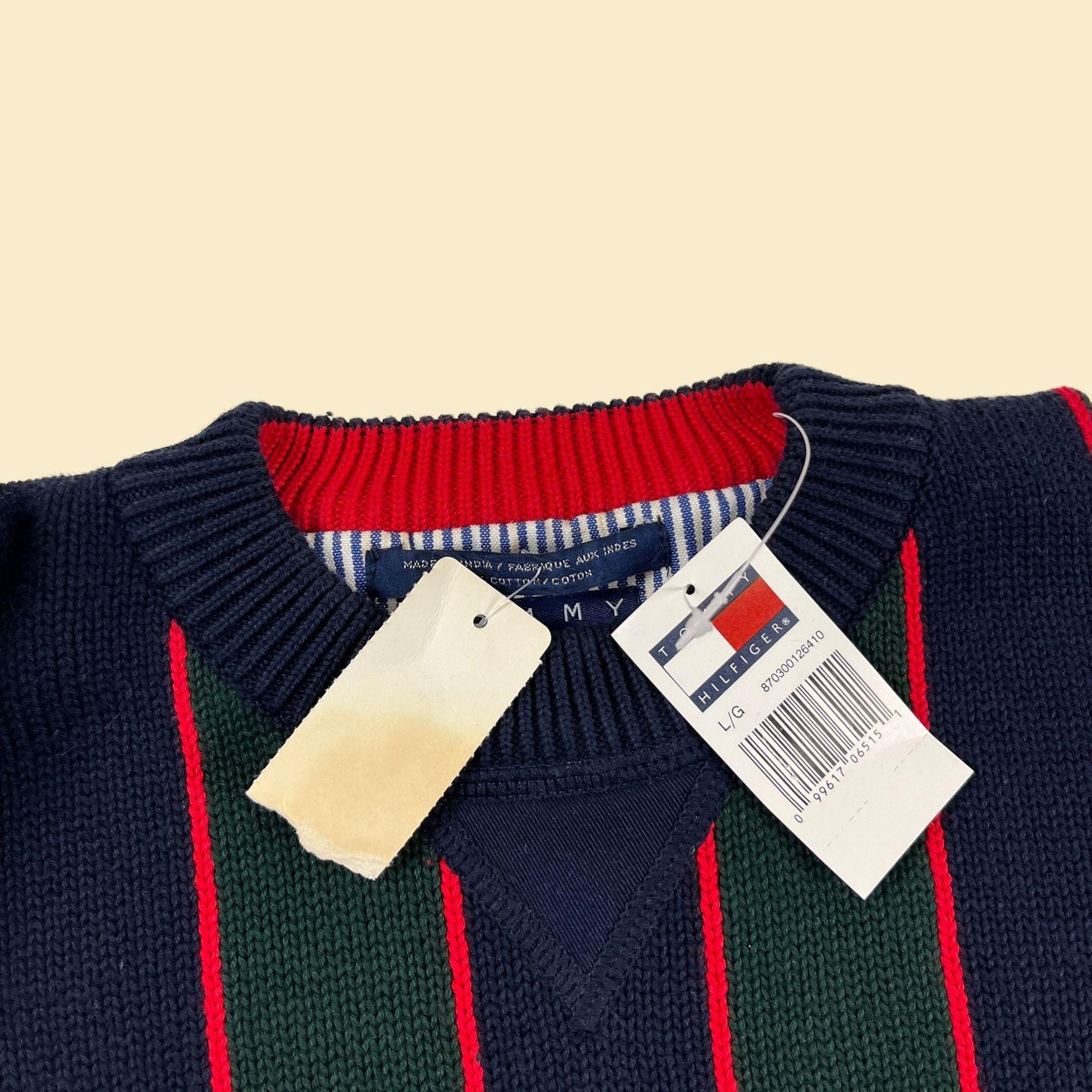 90s/Y2K Tommy Hilfiger L sweater, vintage blue & green crewneck knit cotton men's sweater, new old stock (w/ tags)