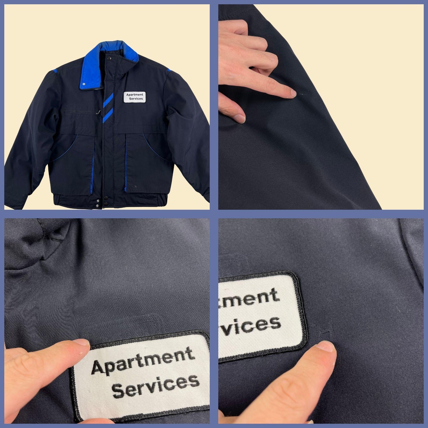 70s/80s workwear jacket, vintage men's M to L blue & black "Apartment Services" union-made jacket