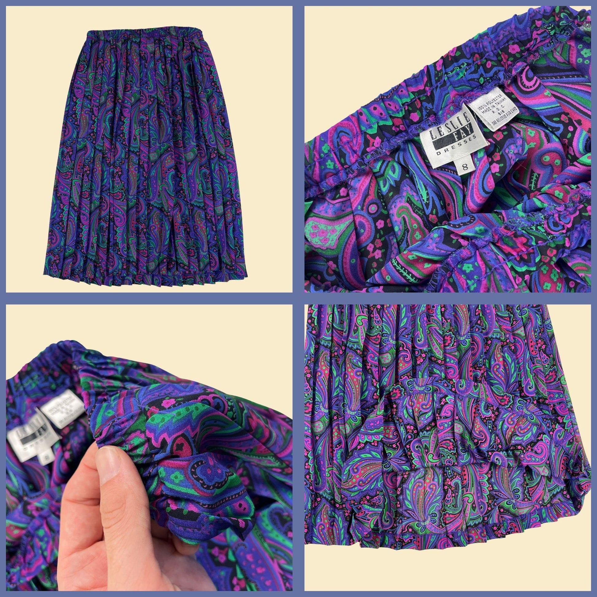 1980s paisley purple 2 piece set, size 8 vintage midi skirt & shoulder pad blouse set by Leslie Fay