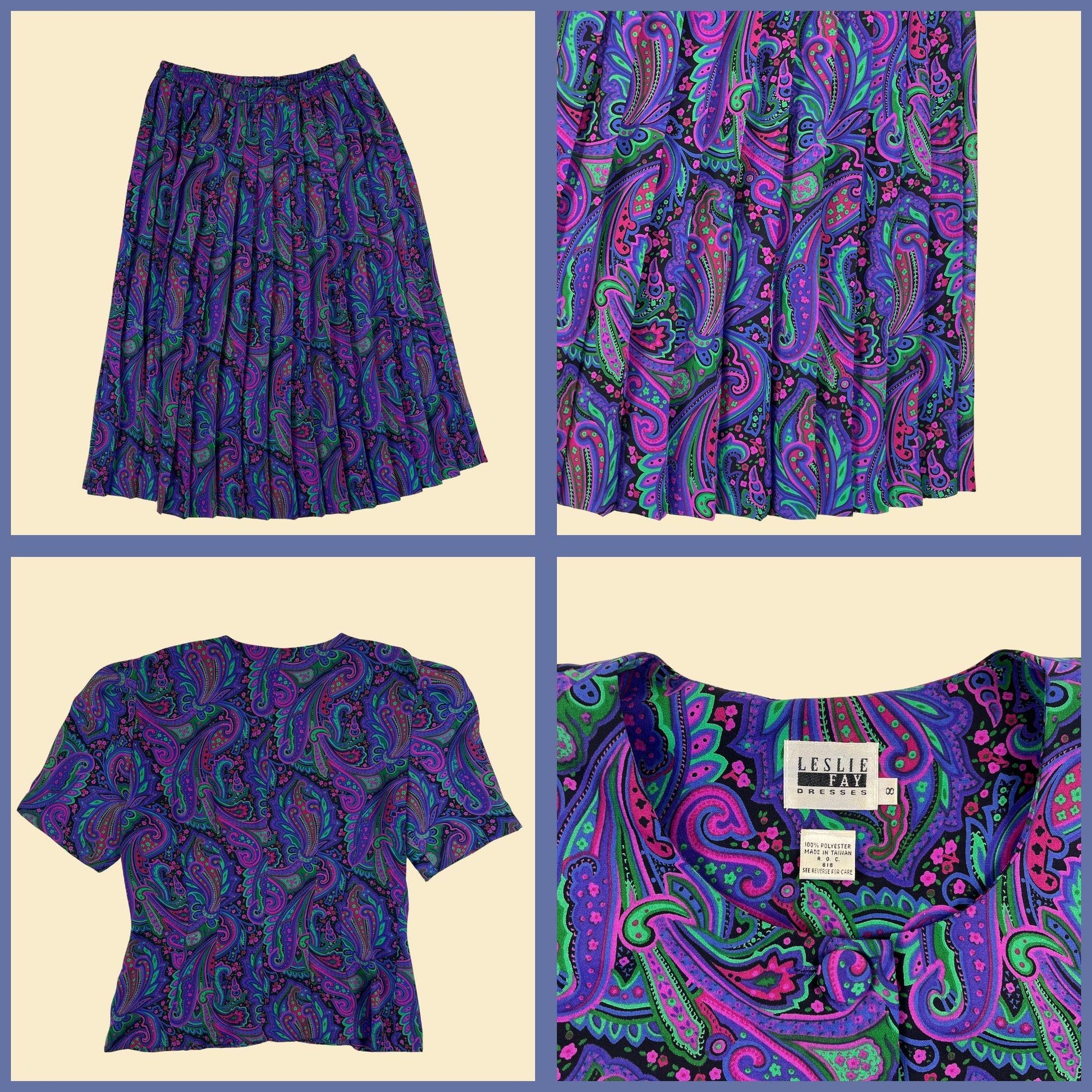 1980s paisley purple 2 piece set, size 8 vintage midi skirt & shoulder pad blouse set by Leslie Fay