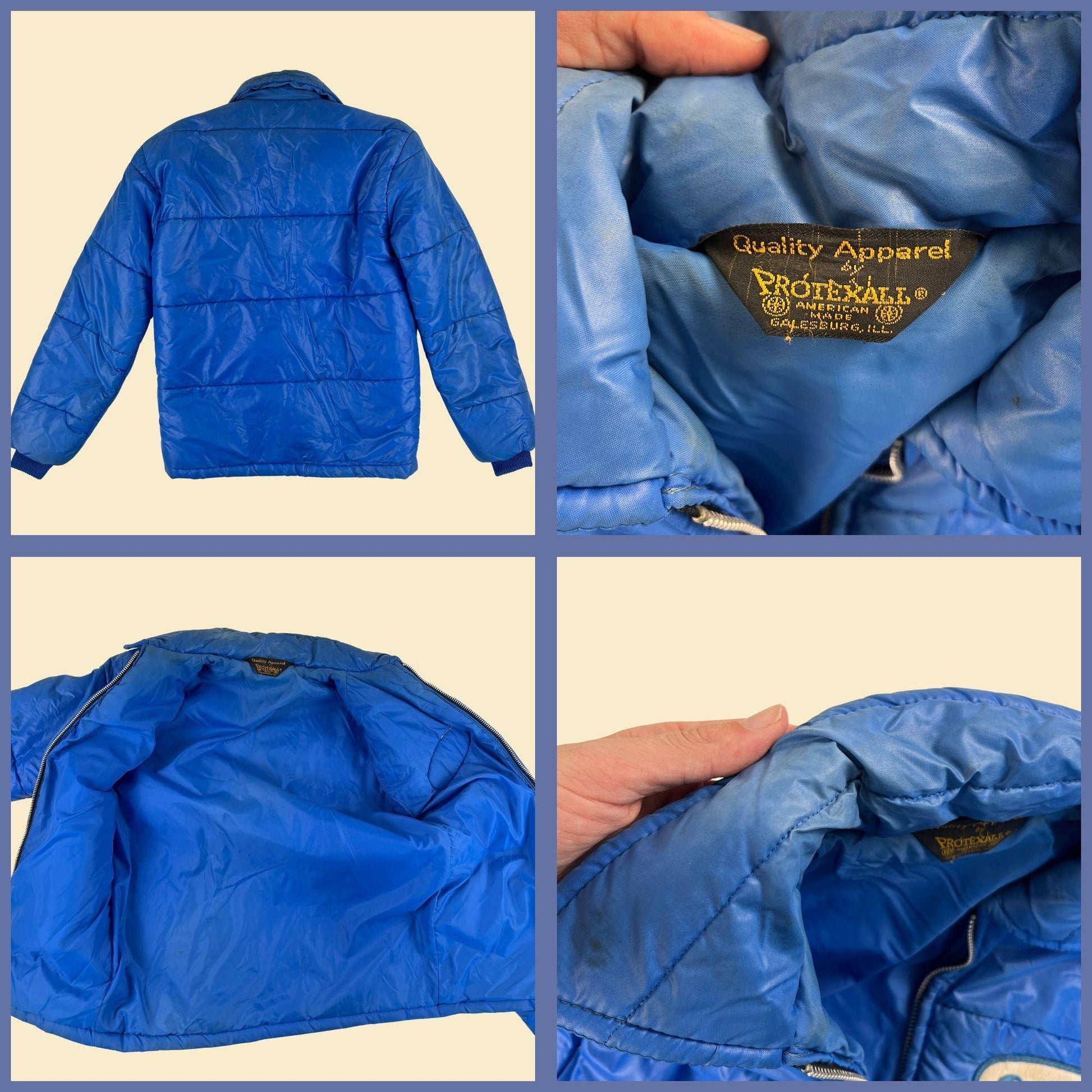 1970s S workwear jacket by Protexall, Carrier HVAC blue & white nylon puffer jacket w/ knit trim